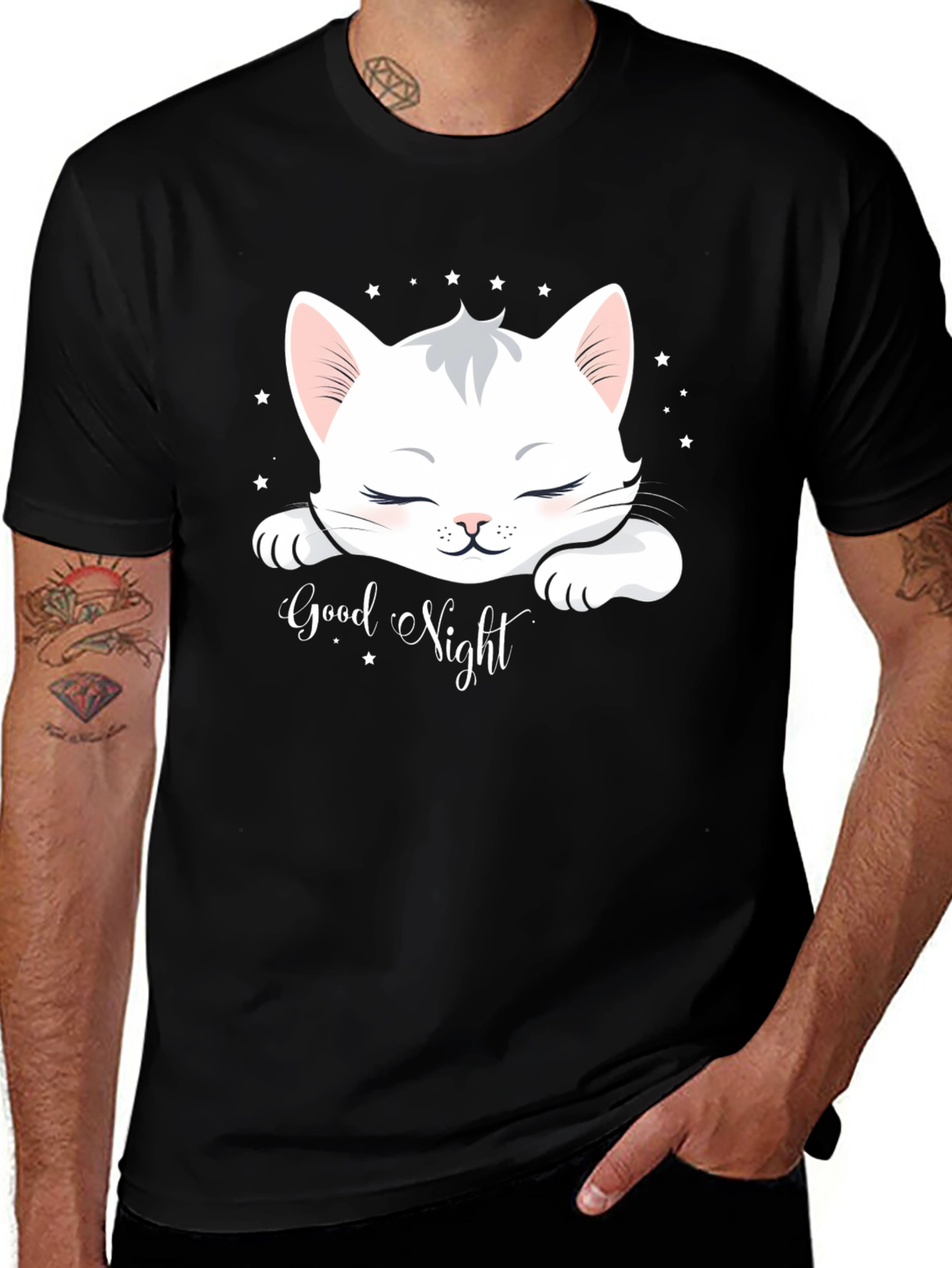 Black Cute Cat "Good Night" Black T-Shirt main image