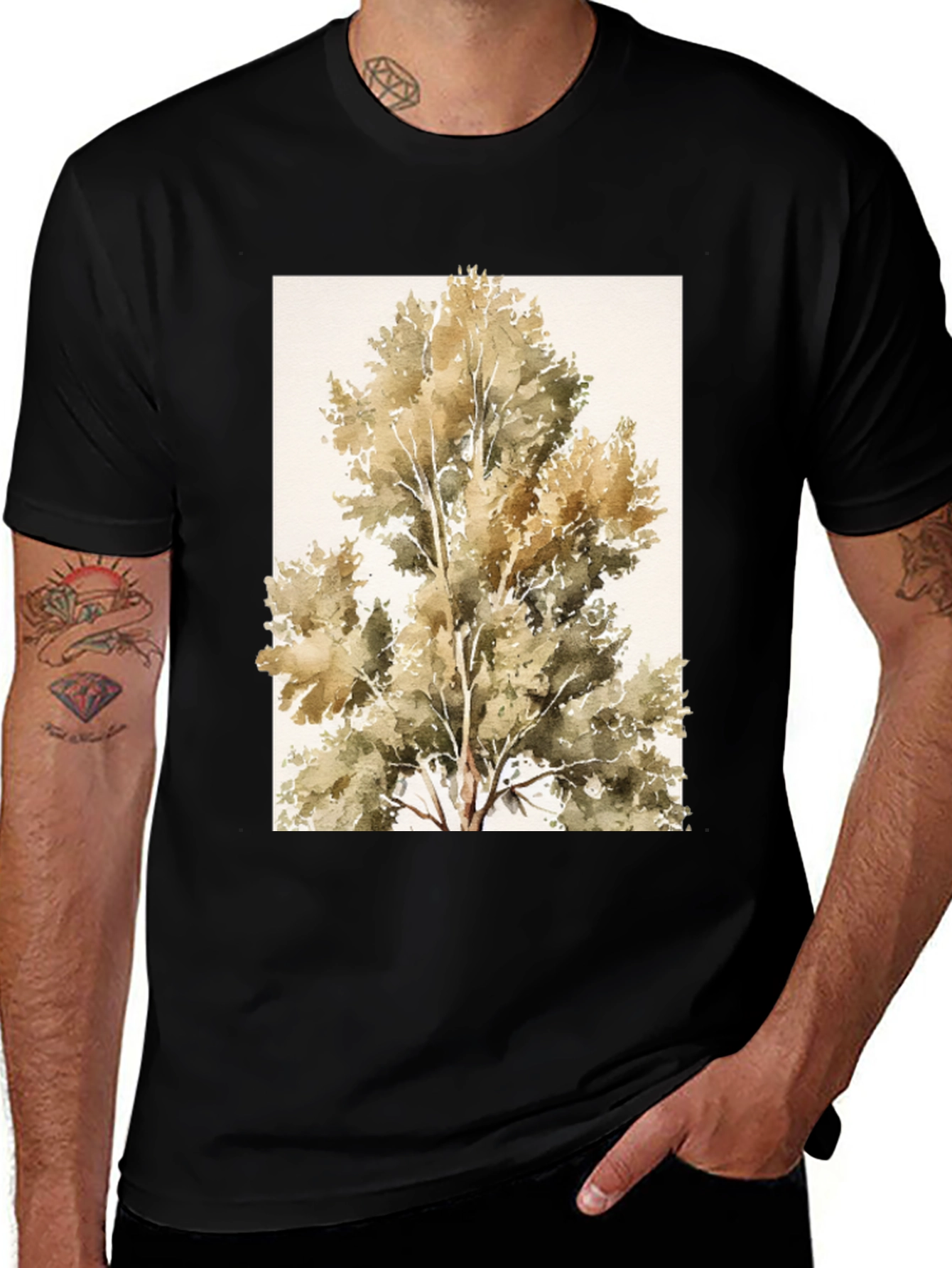 Variant 27 of Tree Watercolor Print Black T-Shirt