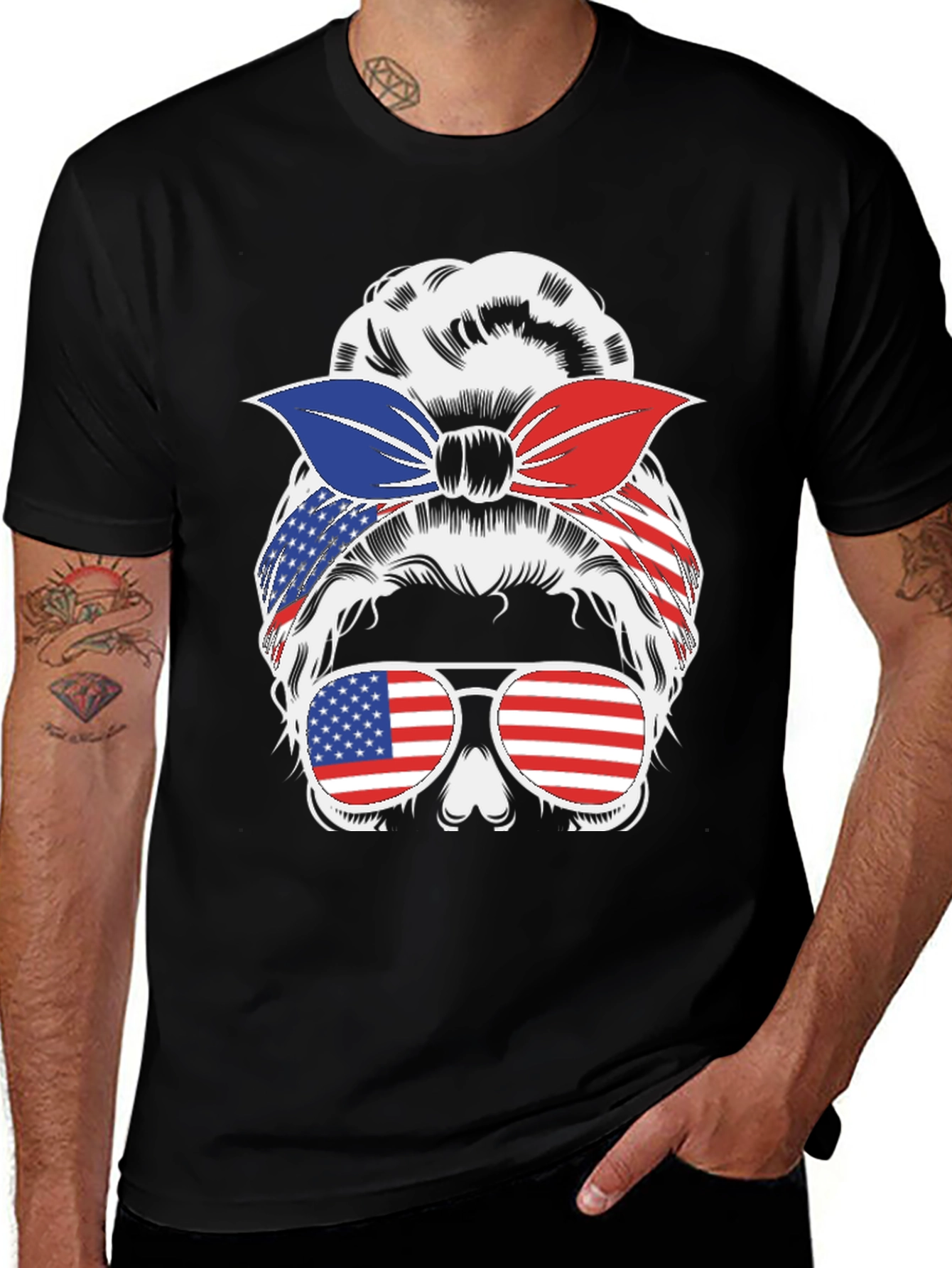 Variant 2 of Messy Bun Patriotic T-Shirt - USA Flag