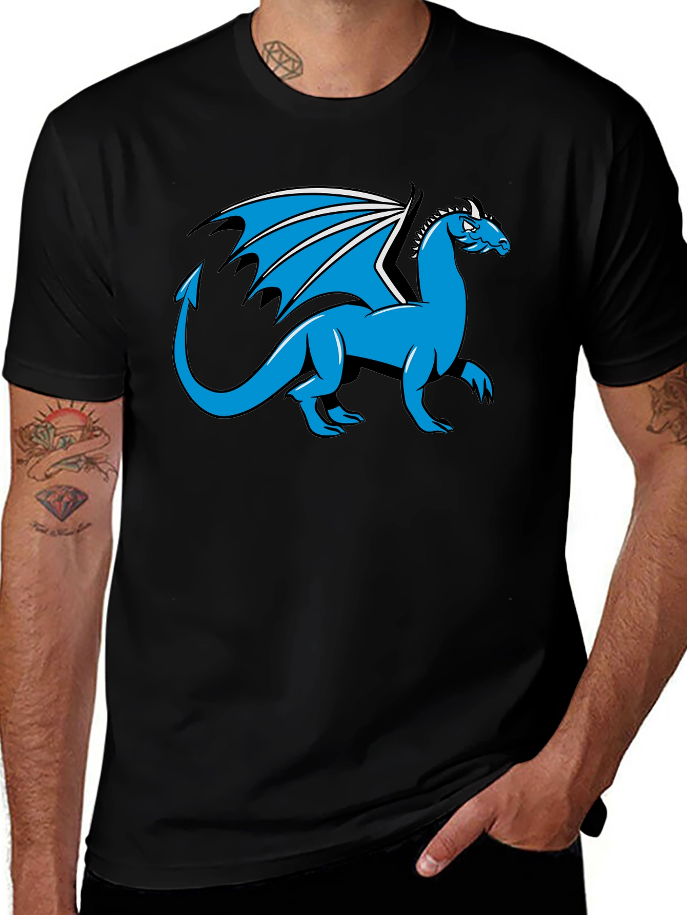 Variant 23 of Dragon Graphic T-Shirt - Black Tee, Blue Dragon Design