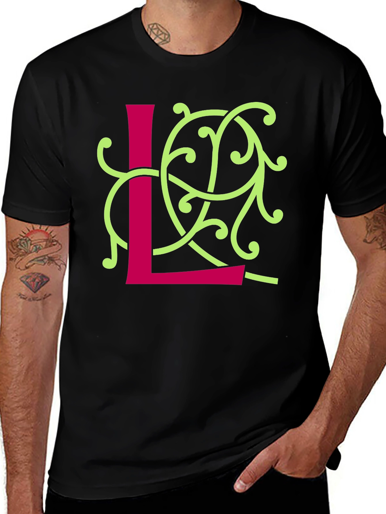 Initial L Vine Print Black T-Shirt