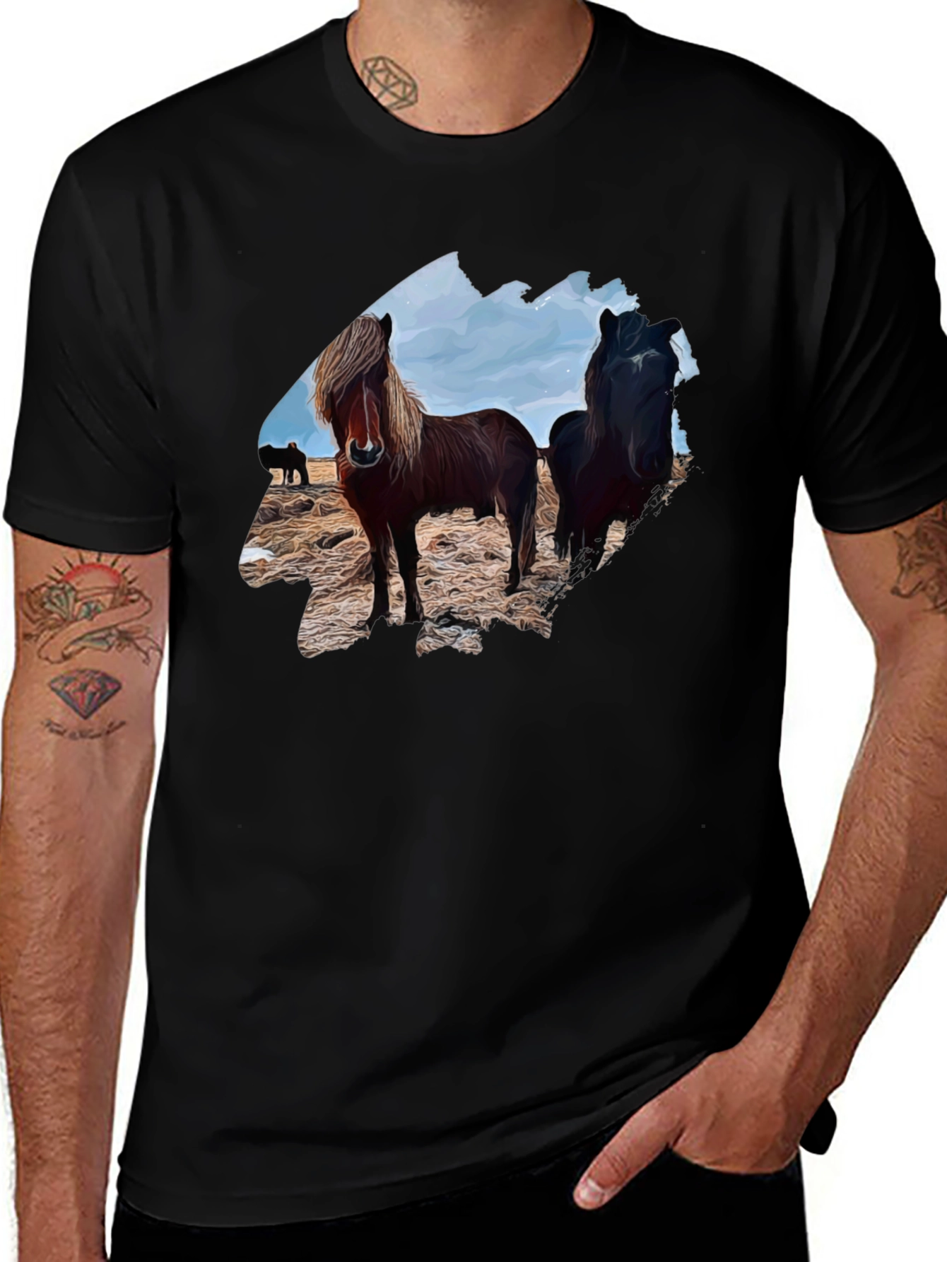 Variant 22 of Icelandic Horse Graphic Tee - Stylish Men's Black T-Shirt