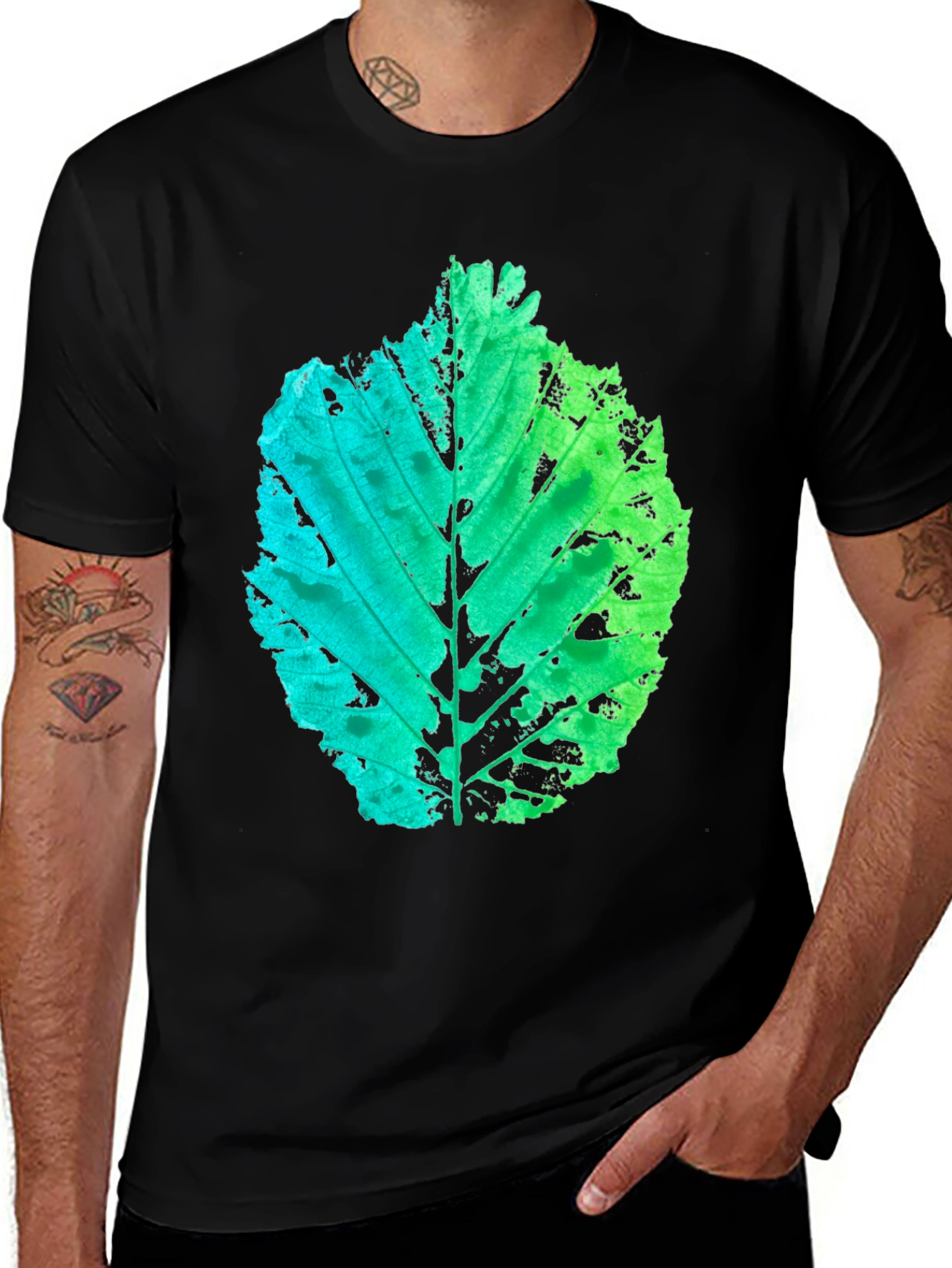Variant 21 of Leaf Print Black T-Shirt - Nature Inspired Design