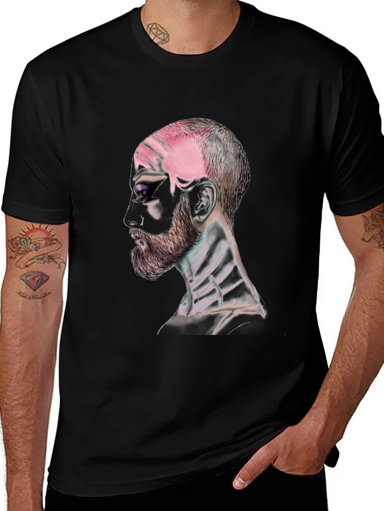 Graphic Black T-Shirt: Bearded Man Anatomy Art