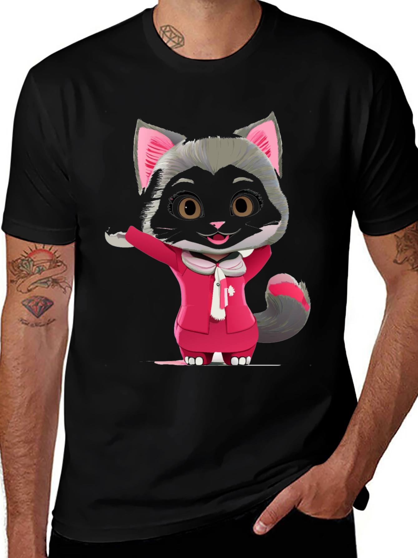 Cartoon Cat in Suit Graphic T-Shirt
