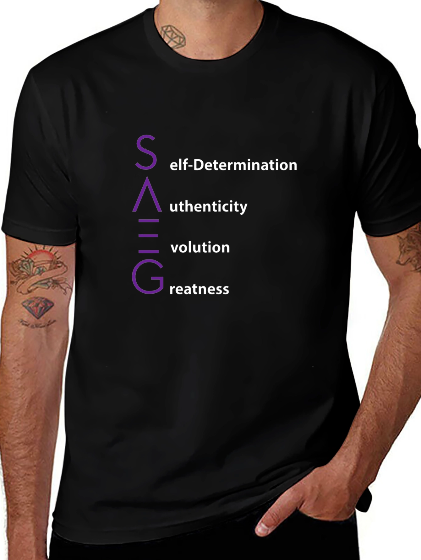 SAGVG Black T-Shirt: Self-Determination, Authenticity, Evolution, Greatness