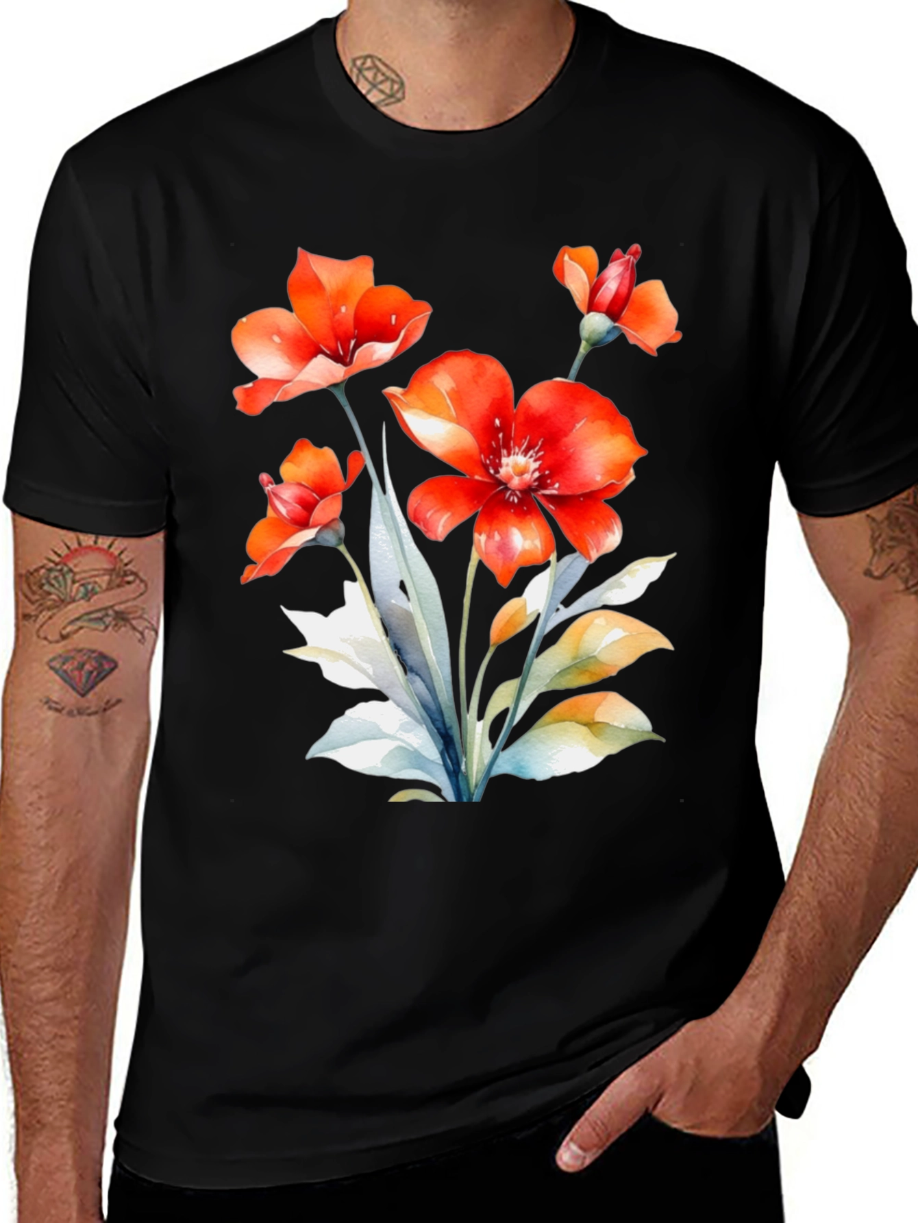 Variant 18 of Floral Watercolor Graphic Tee - Vivid Red Blossom Design