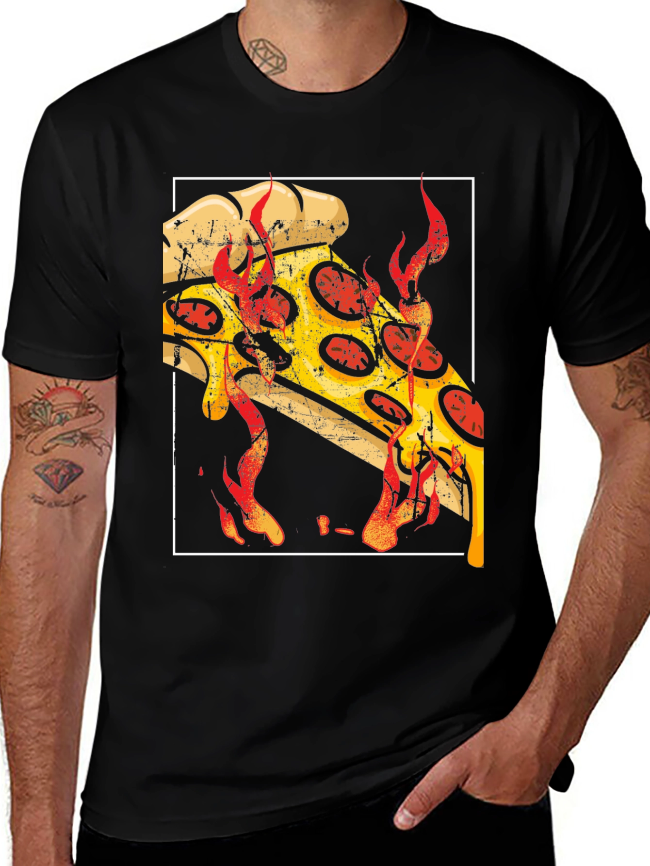 Fiery Pizza Graphic Tee - Black Cotton T-Shirt
