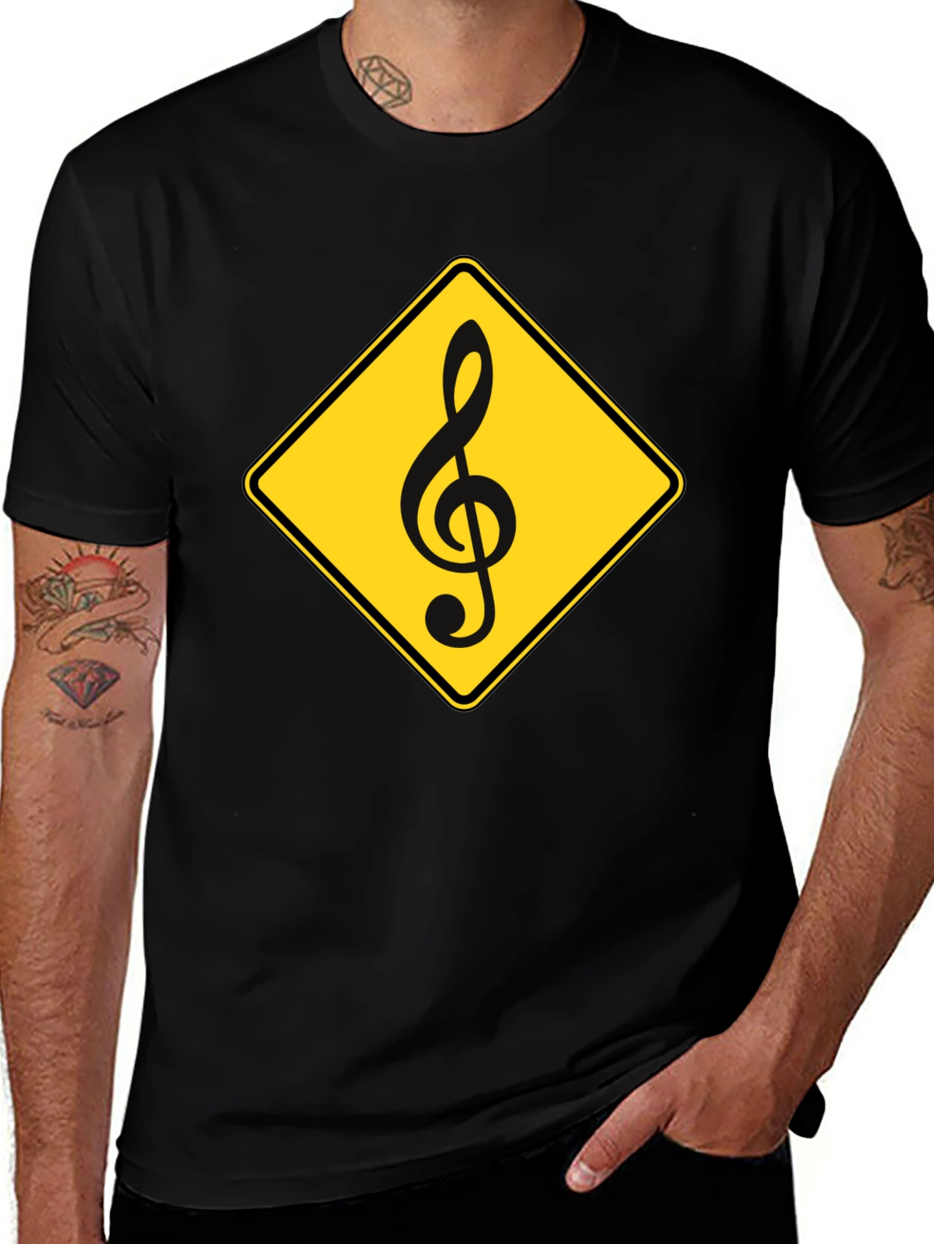 Music Note Road Sign Graphic Tee - Black Cotton Casual