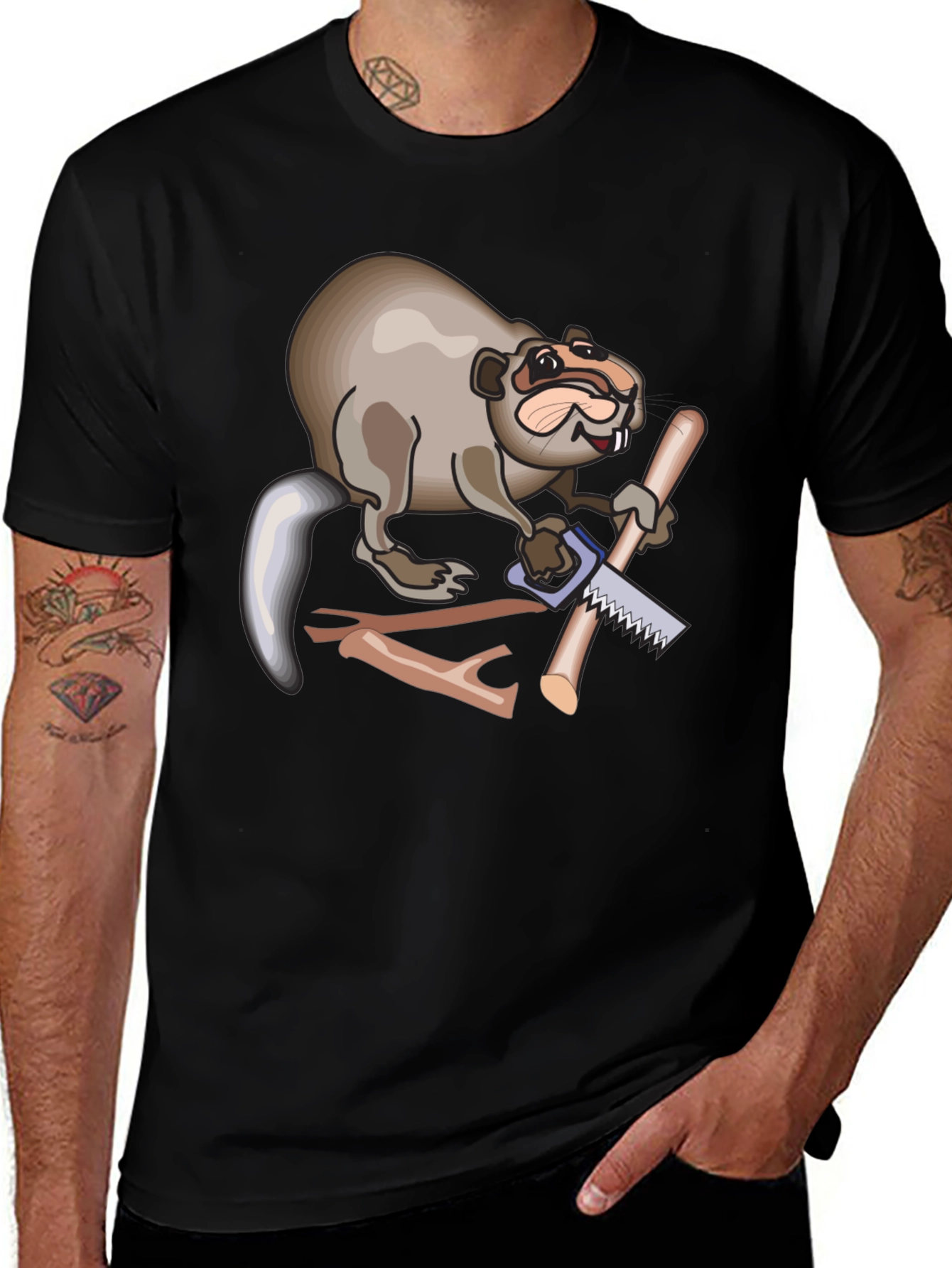 Variant 28 of Beaver Sawing Wood Funny Graphic Tee
