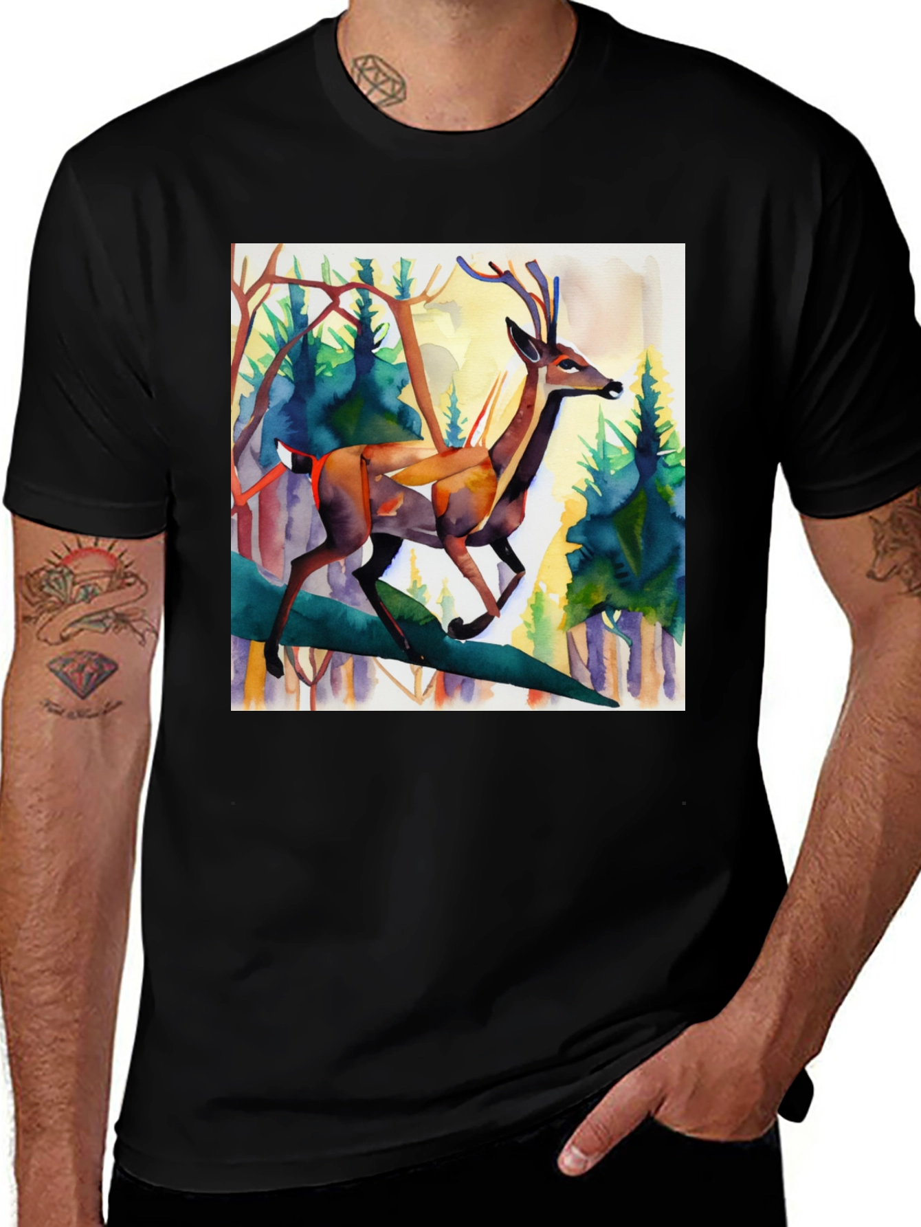 Variant 10 of Watercolor Deer Graphic Tee - Men's Black T-Shirt
