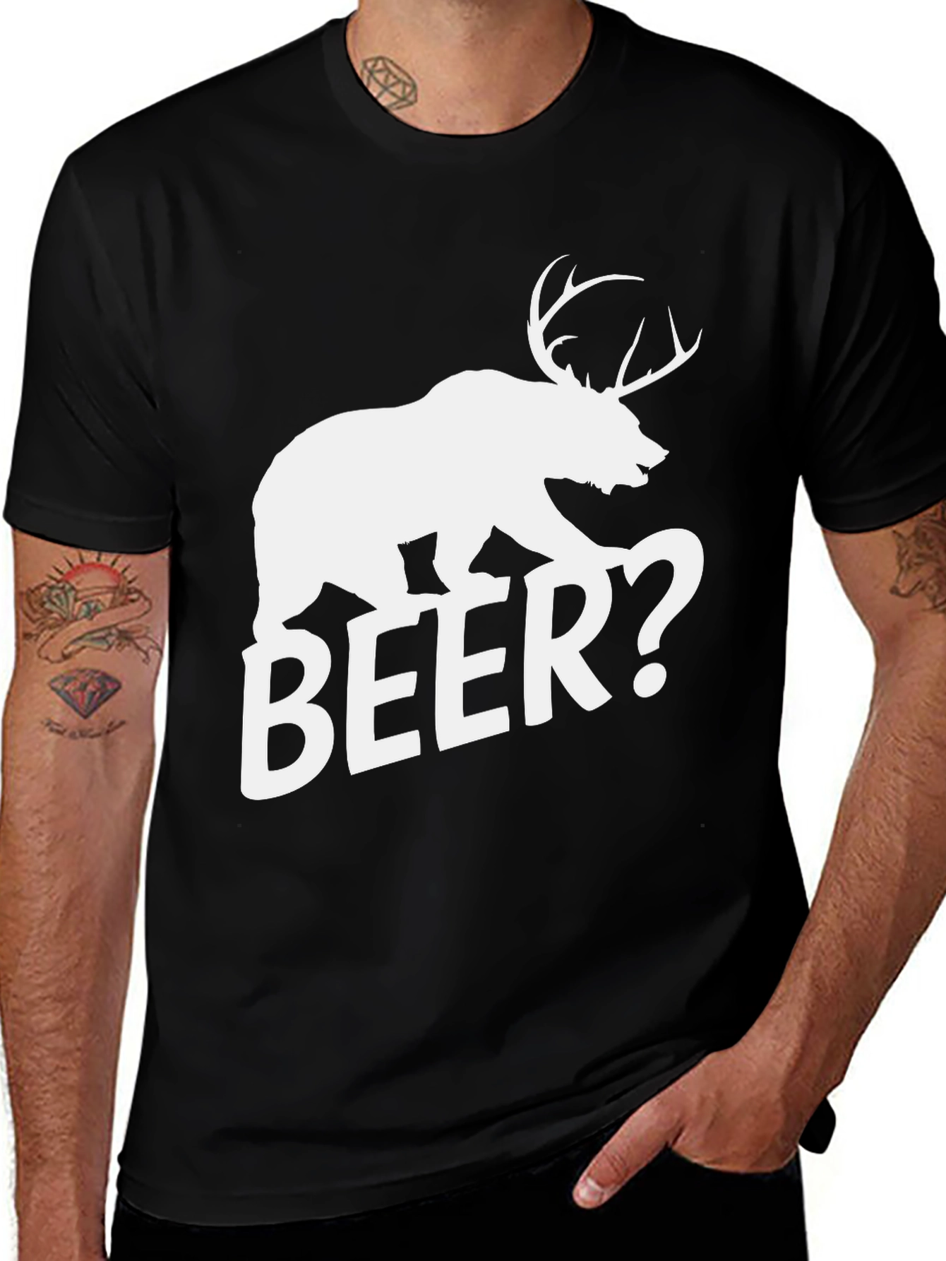 Variant 27 of Bear Deer Beer Graphic Tee - Black Cotton T-Shirt