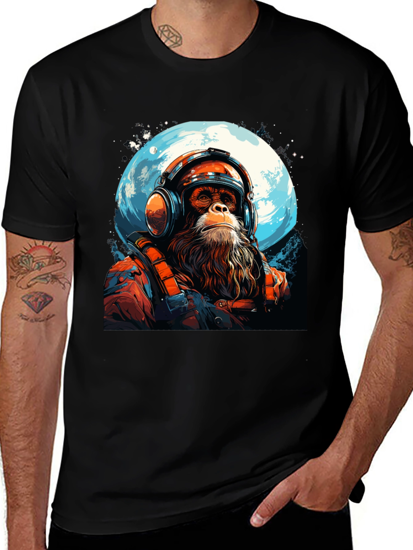 Black Astro Chimp Graphic Tee - Moon Landing Design main image