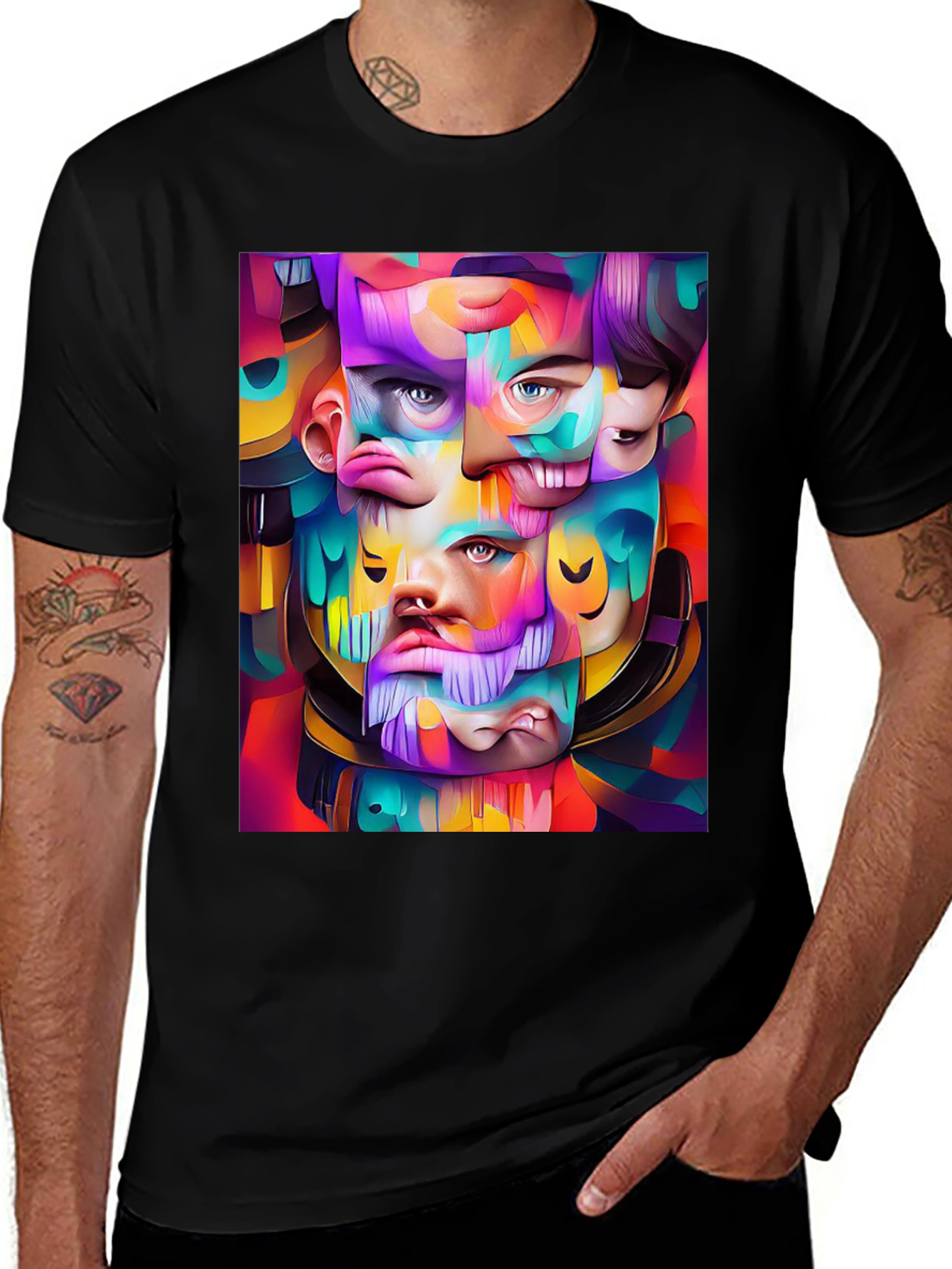 Abstract Face Art Graphic Print Black T-Shirt