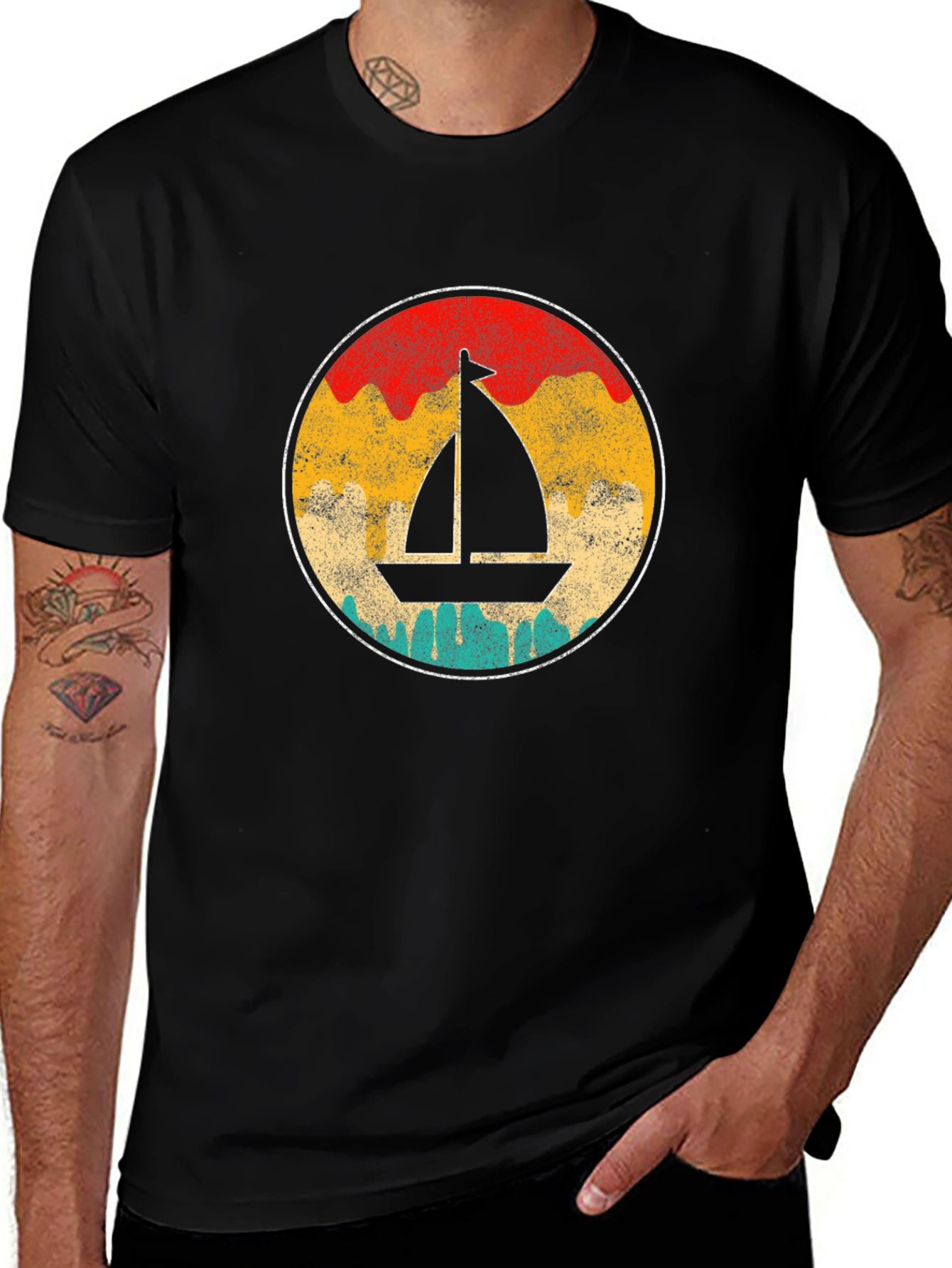 Variant 13 of Retro Sailboat Graphic Tee - Black Cotton T-Shirt
