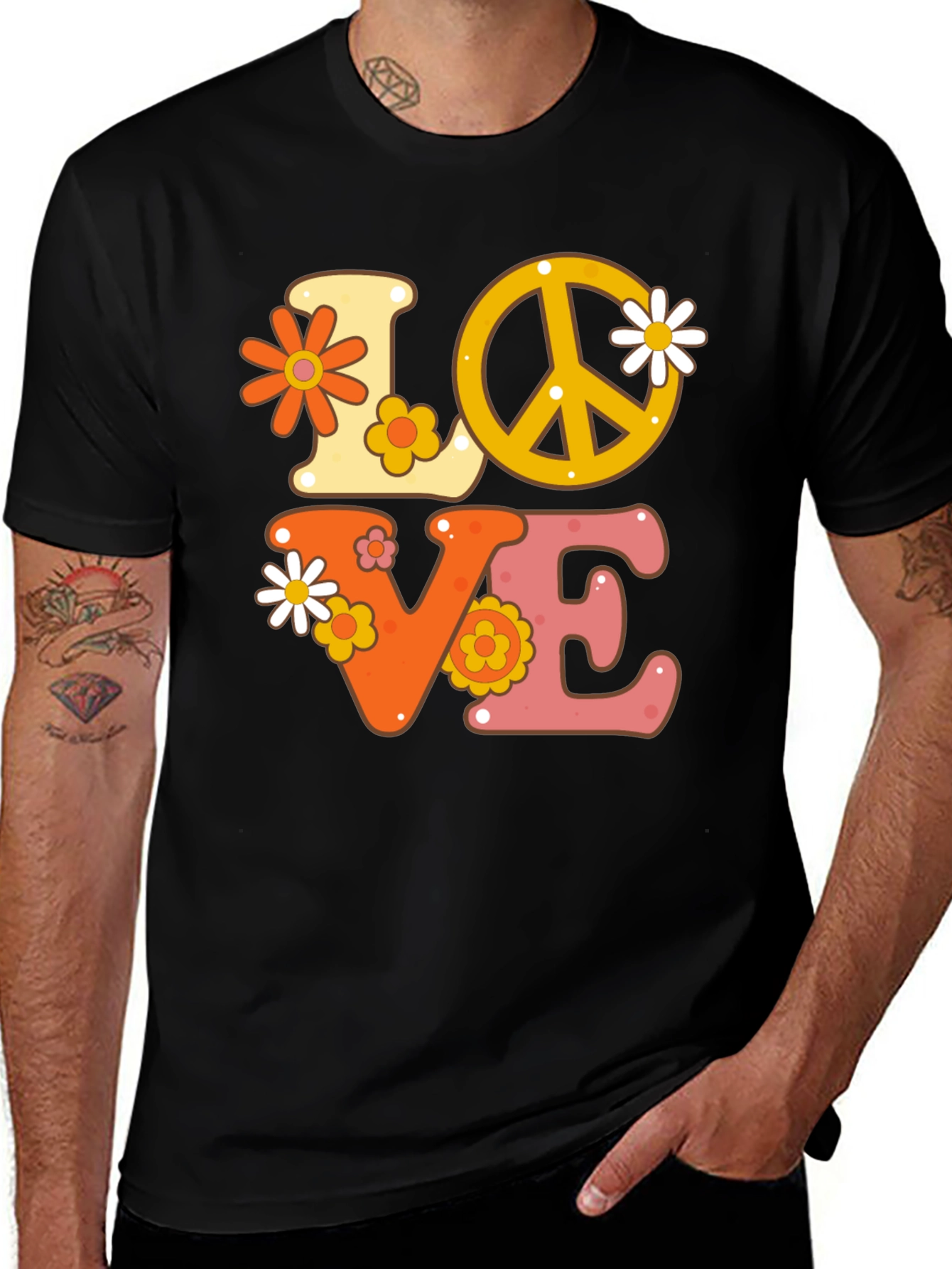 Black Retro Love Peace Sign Graphic Tee main image