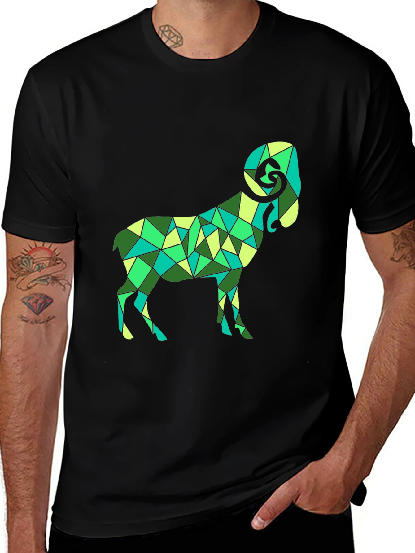 Variant 7 of Geometric Ram Graphic Tee - Stylish Men's Black T-Shirt