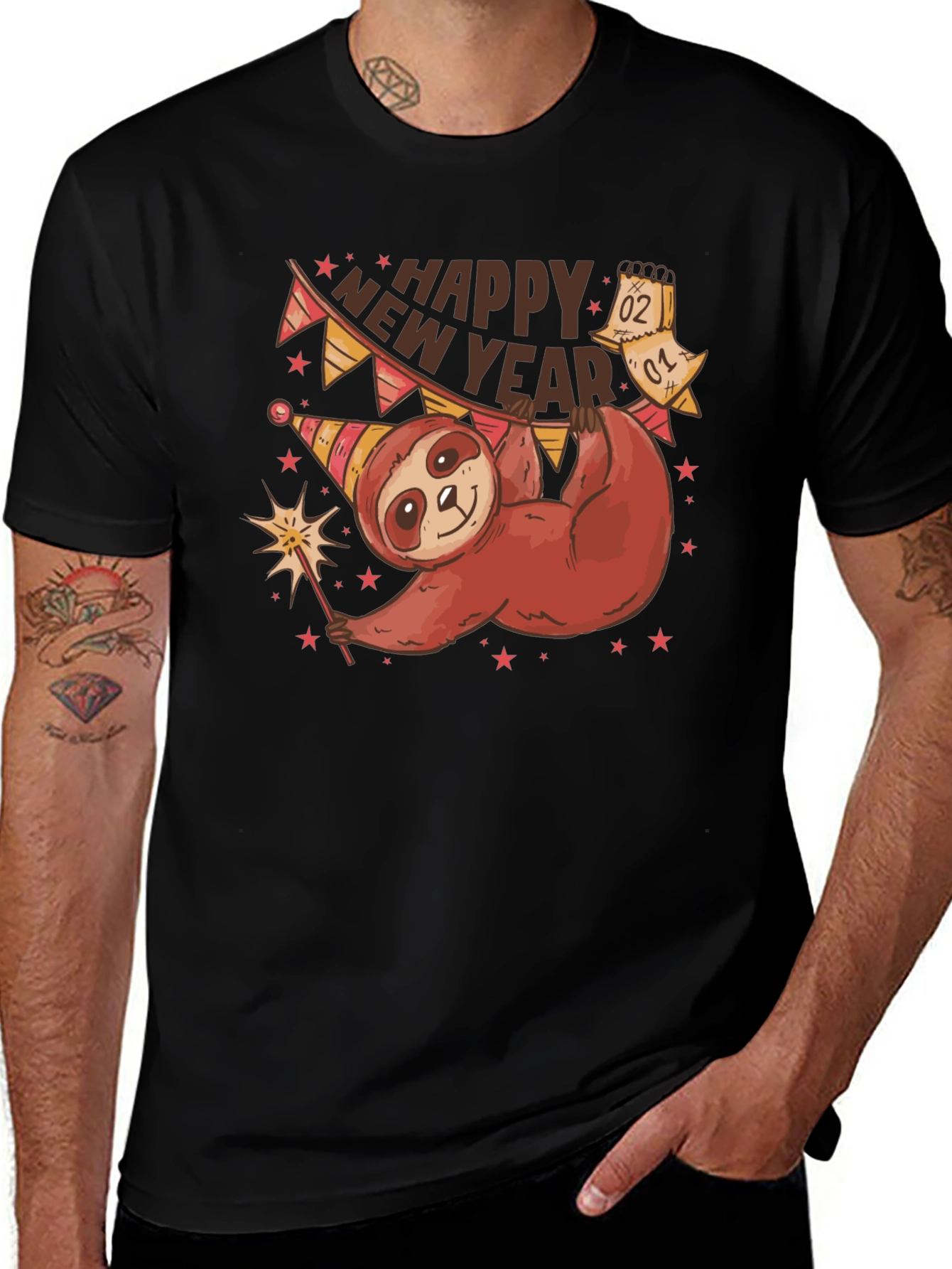 Black Happy New Year Sloth T-Shirt main image