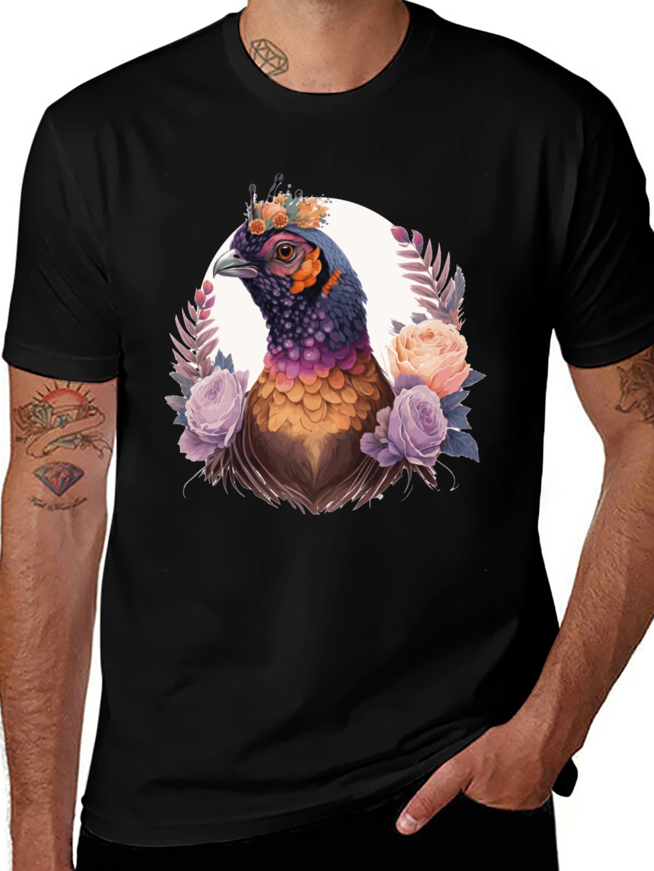 Variant 8 of Floral Pheasant Graphic Tee - Black Unisex T-Shirt