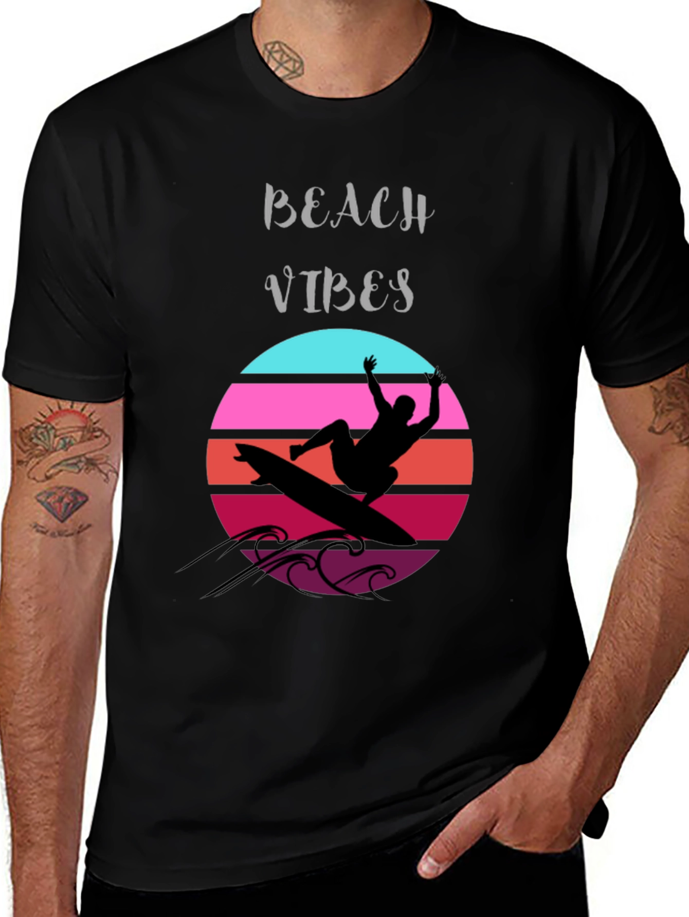 Variant 8 of Beach Vibes Surfer Graphic Tee - Retro Sunset Design