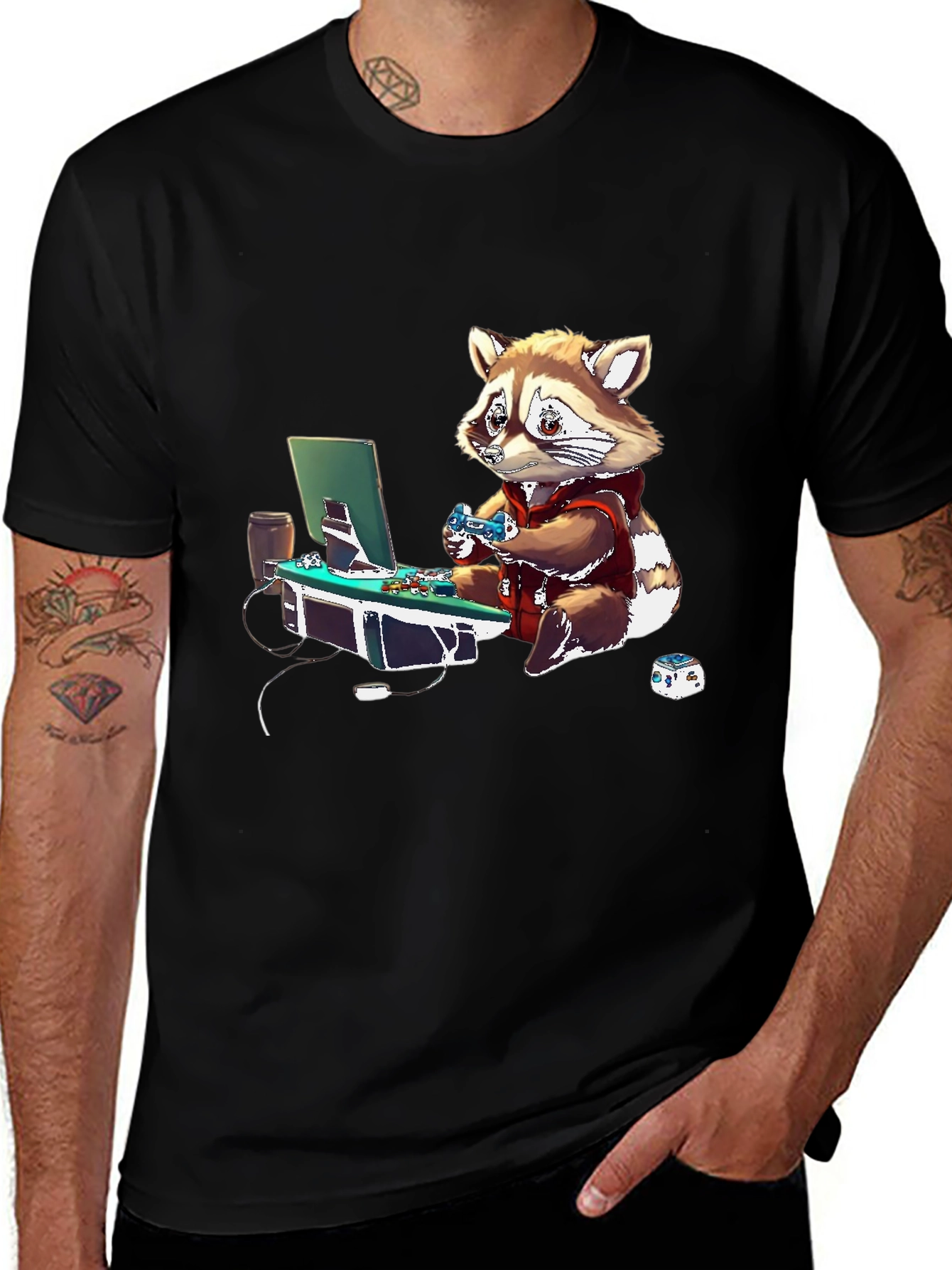 Variant 28 of Gamer Raccoon Graphic Tee - Black Casual Shirt