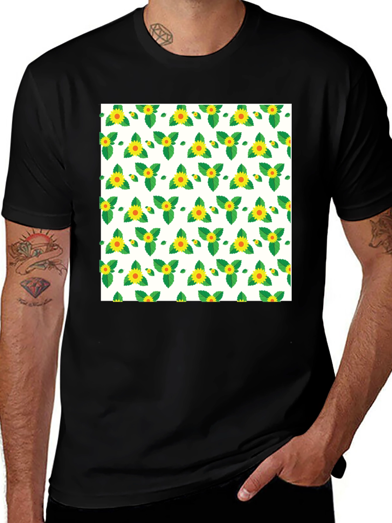 Variant 26 of Sunflower Pattern Black T-Shirt