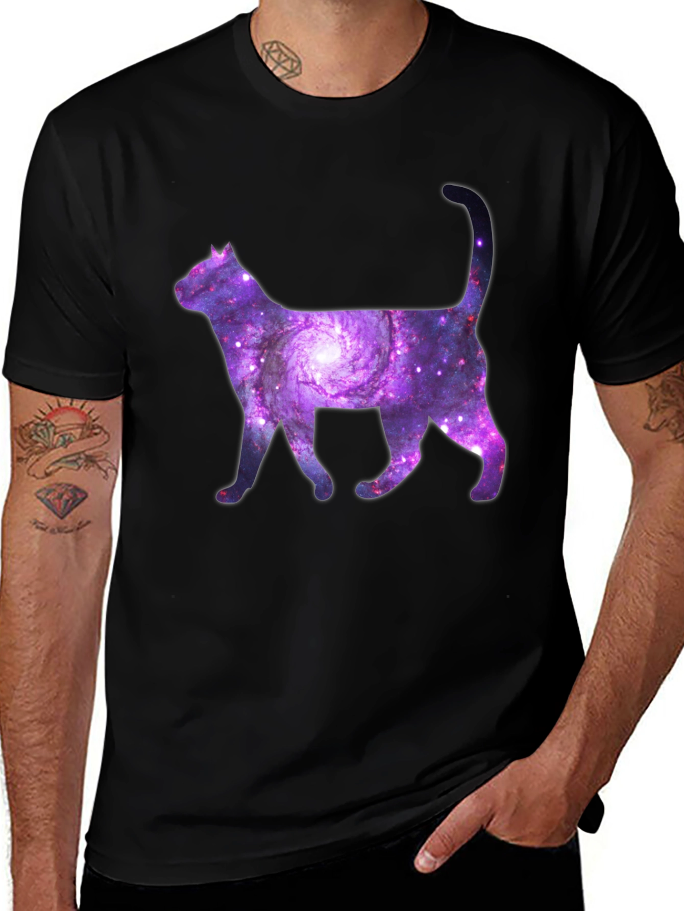 Black Galaxy Cat Graphic Tee - Trendy Space Design main image