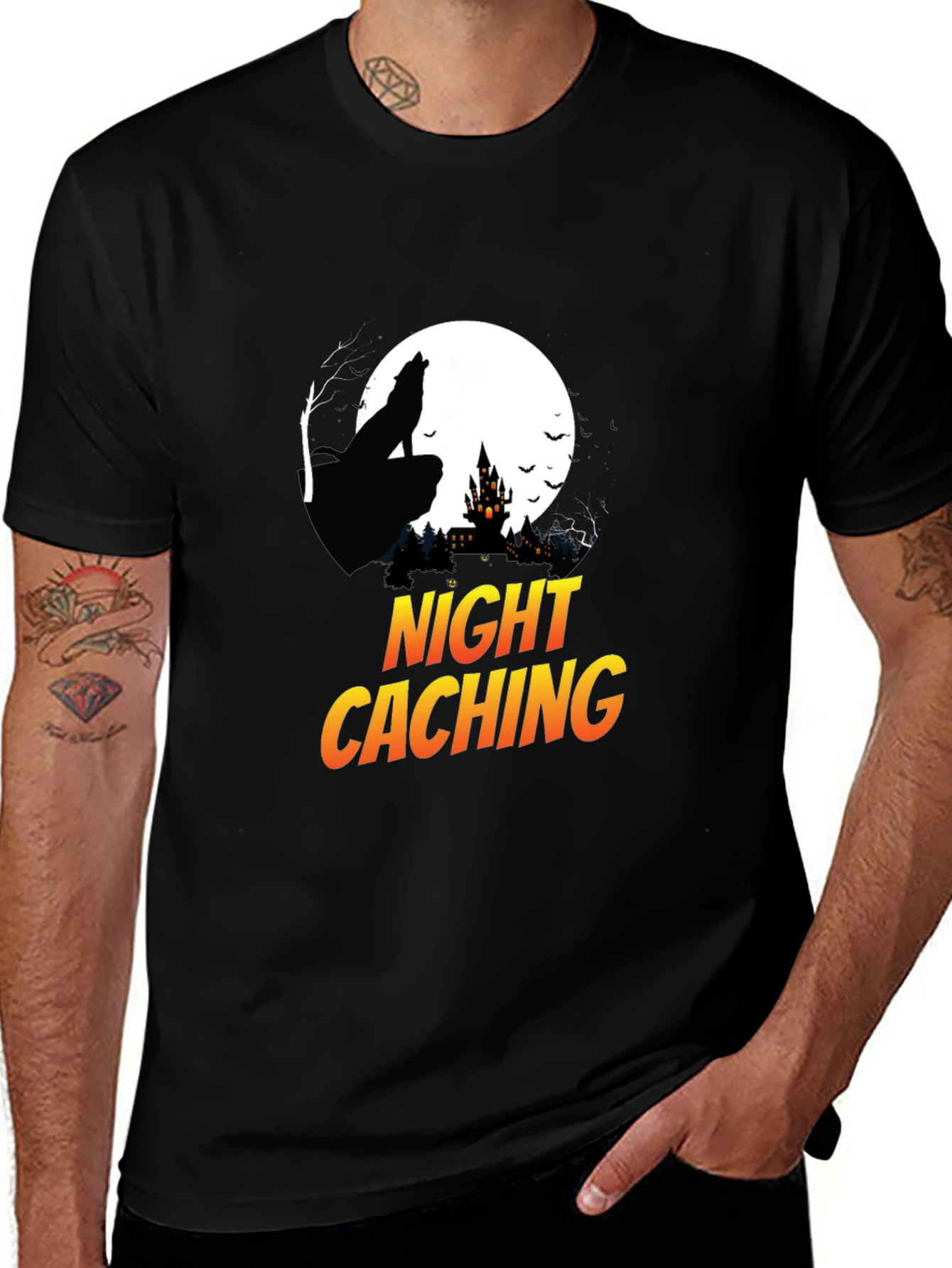 Night Caching Black T-Shirt, Wolf and Castle Design