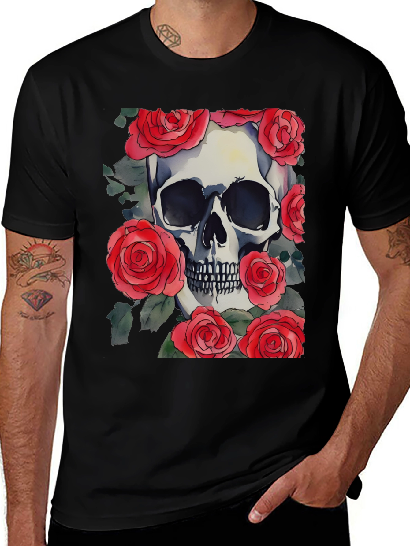 Variant 16 of Skull & Roses Graphic Print Tee - Black