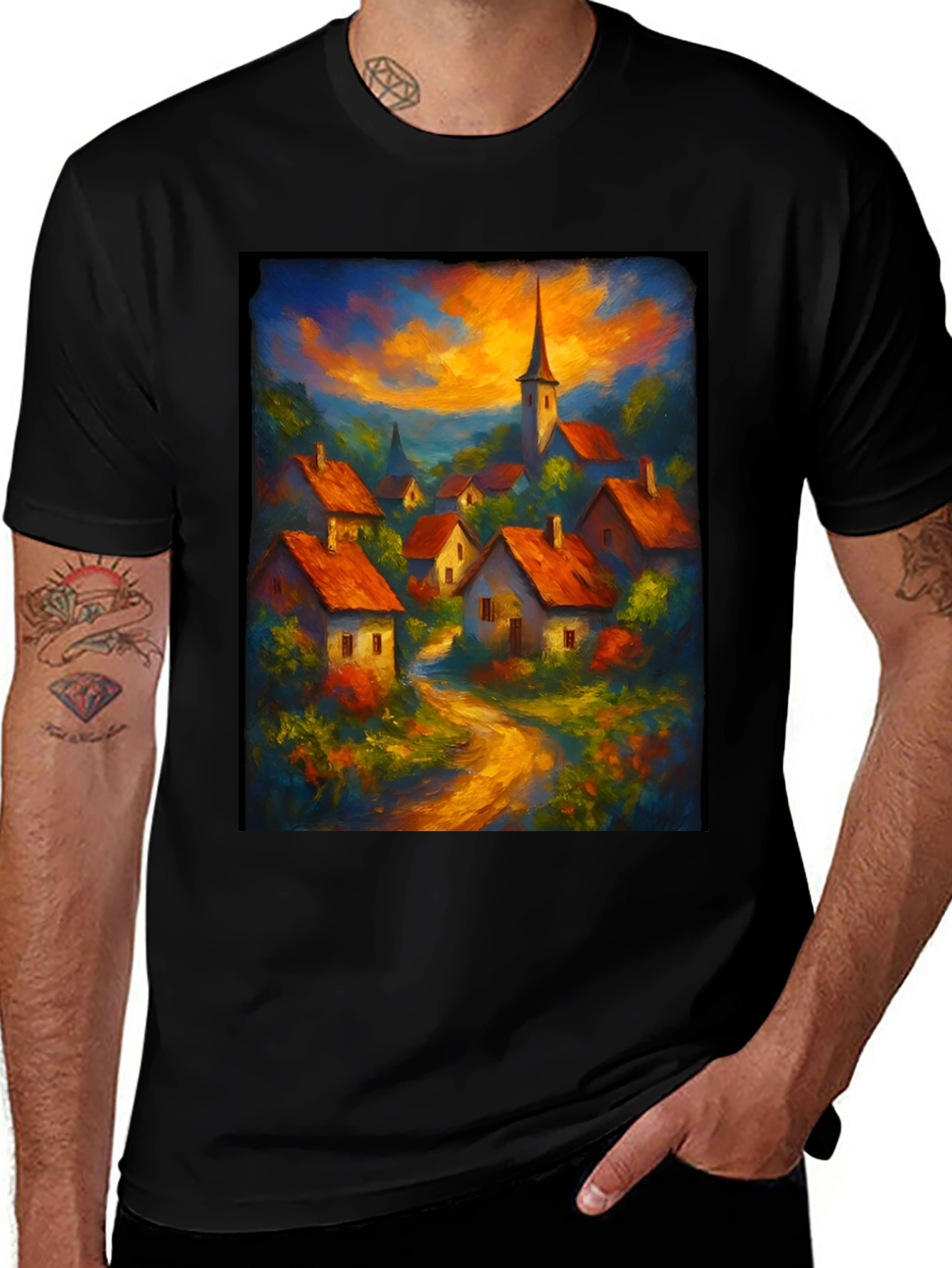 Variant 20 of Village Scene Graphic Tee - Black Crew Neck T-Shirt