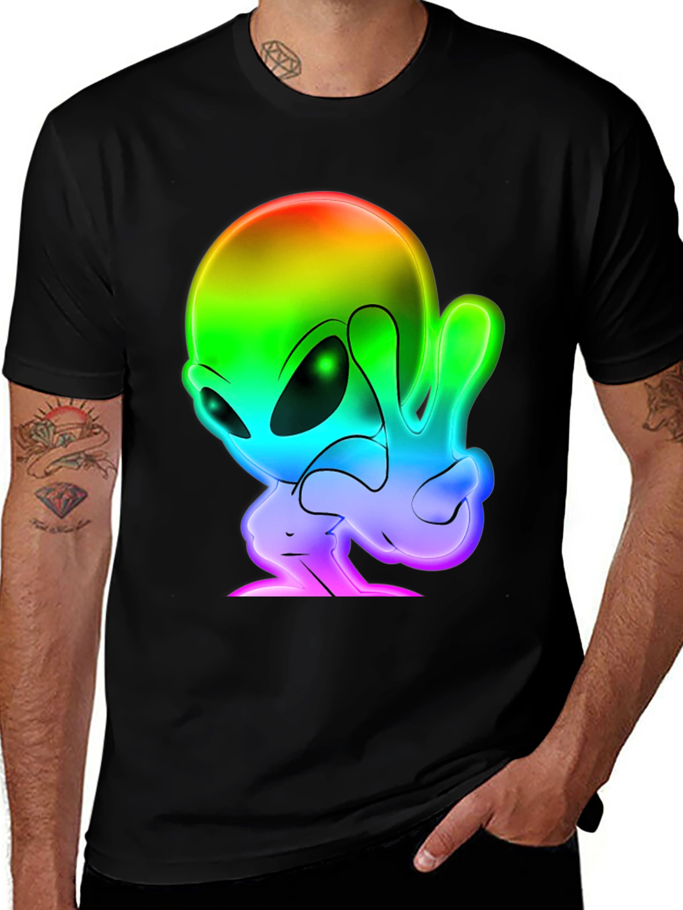 Variant 17 of Rainbow Alien Peace Sign Black T-Shirt