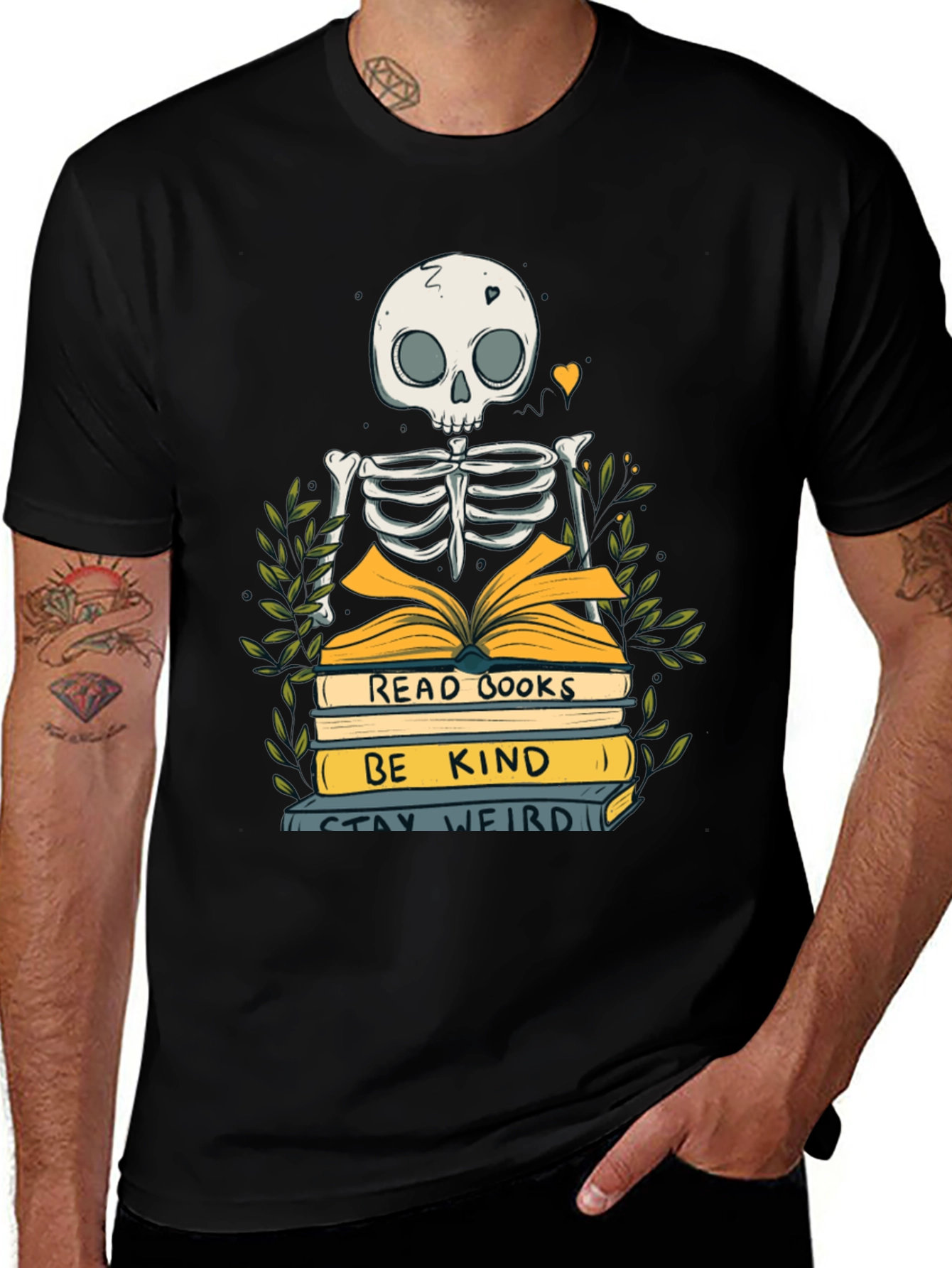 Variant 9 of Skeleton Reading Book T-Shirt - Stay Weird & Be Kind