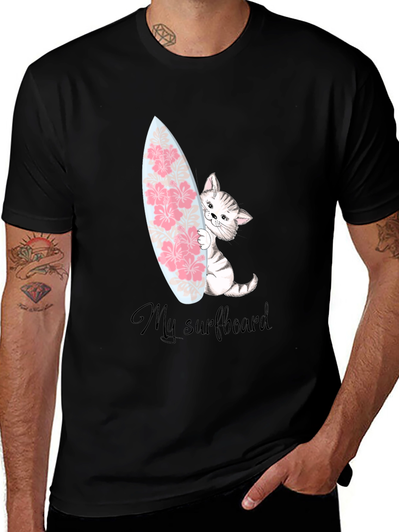 Variant 23 of Cat Surfboard Graphic Tee - Unisex Black T-Shirt