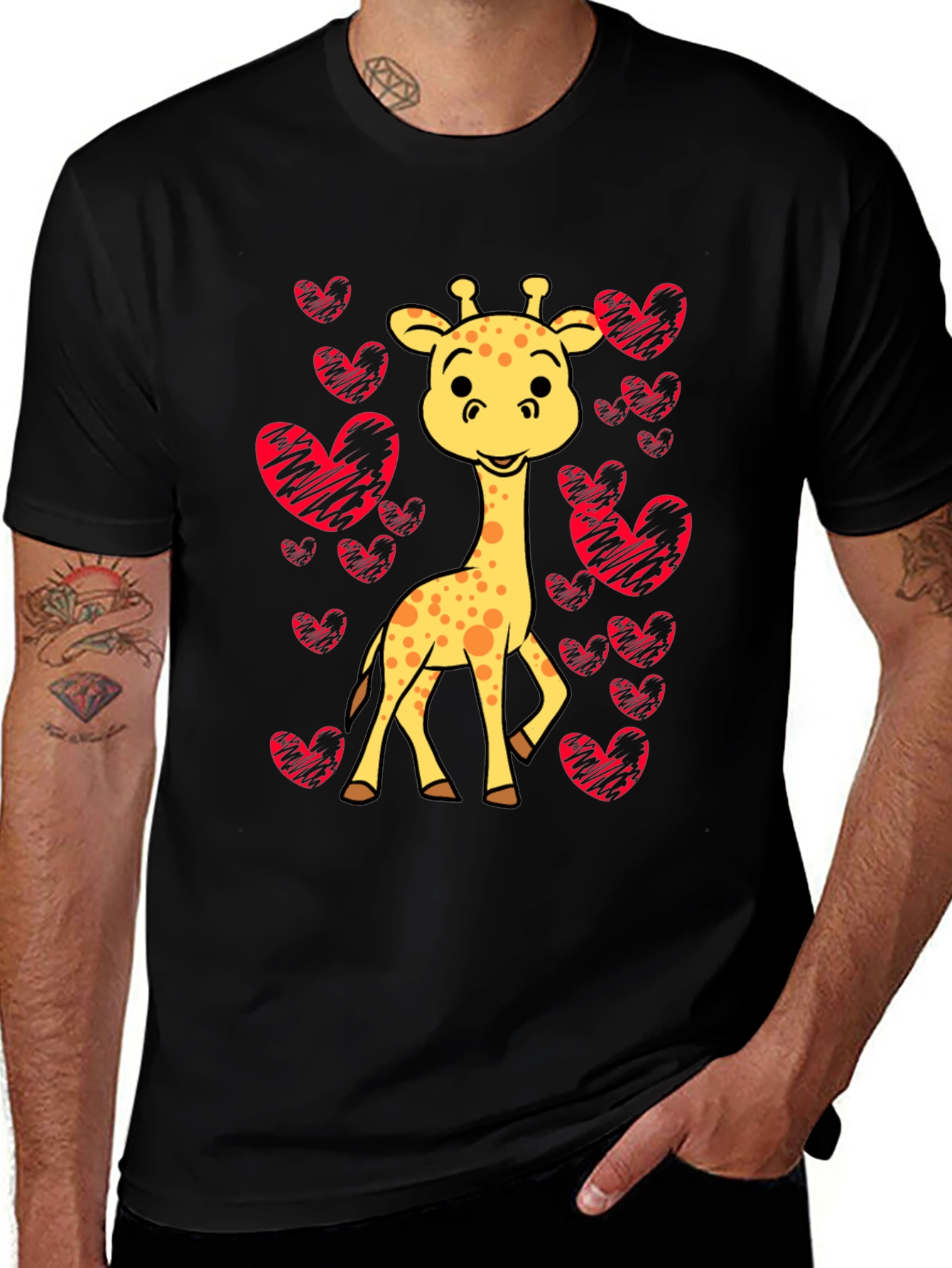 Variant 30 of Giraffe Heart Tee - Love Animals Black Shirt
