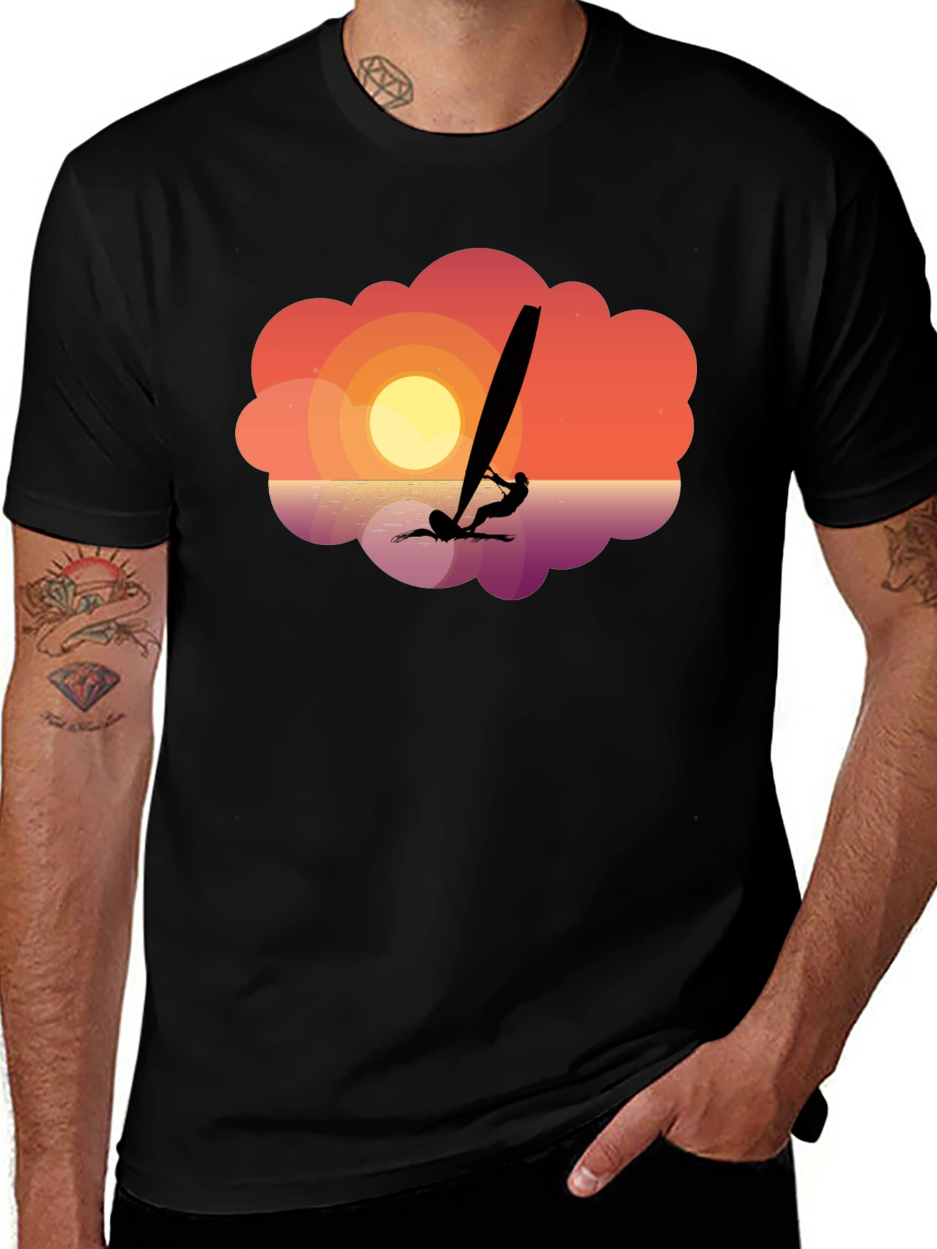 Variant 8 of Sunset Windsurfer Graphic Tee - Black Cotton T-Shirt