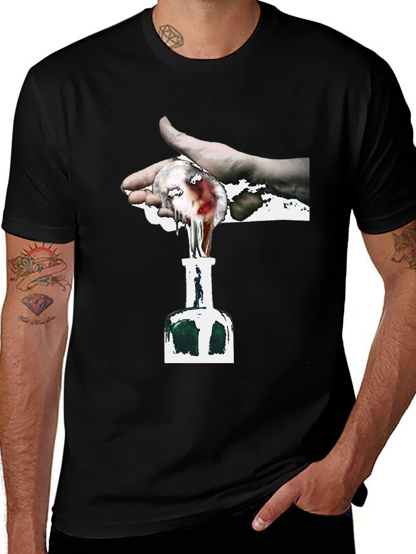 Variant 7 of Unique Graphic Tee - Hand and Vial Design