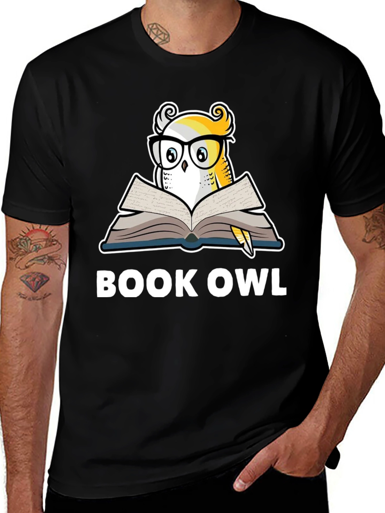 Variant 6 of Book Owl Graphic T-Shirt - Black Cotton Tee