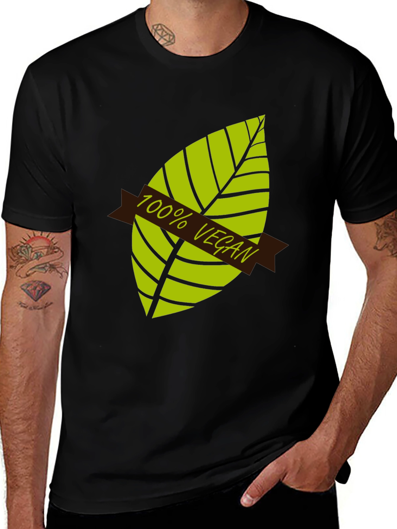 Black 100% Vegan Graphic T-Shirt - Black, Leaf Design main image