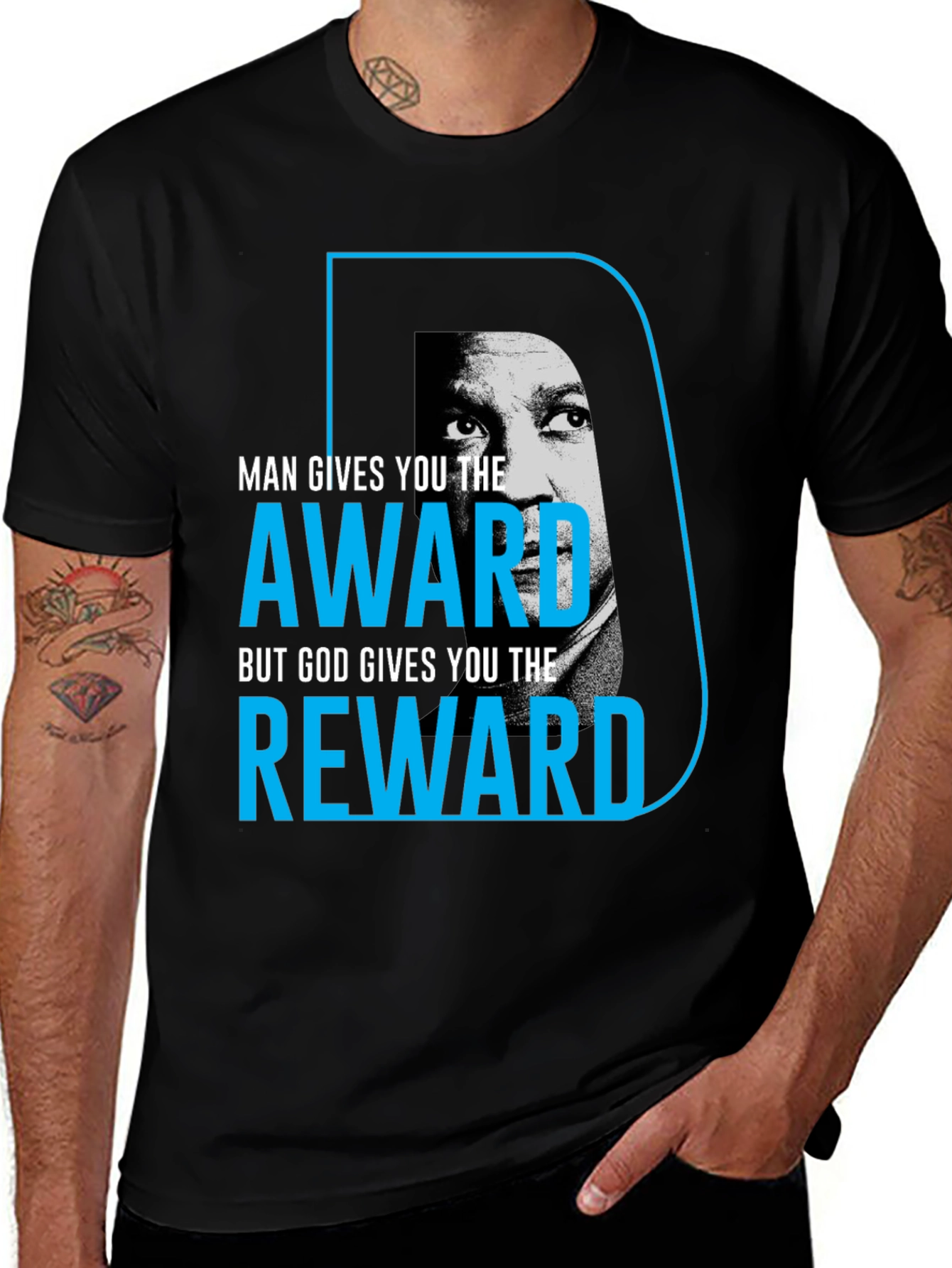 Variant 21 of Inspirational Black T-Shirt: Man Gives Award, God Gives Reward