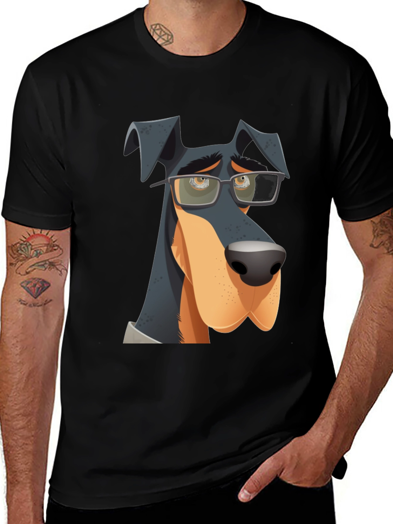 Variant 6 of Cartoon Dog with Glasses Black T-Shirt