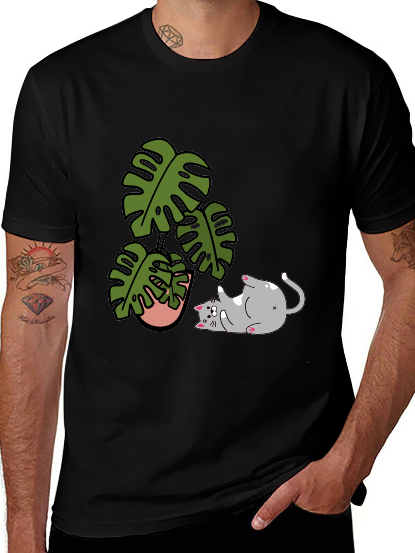 Variant 14 of Monstera & Cat T-Shirt - Playful Graphic Tee