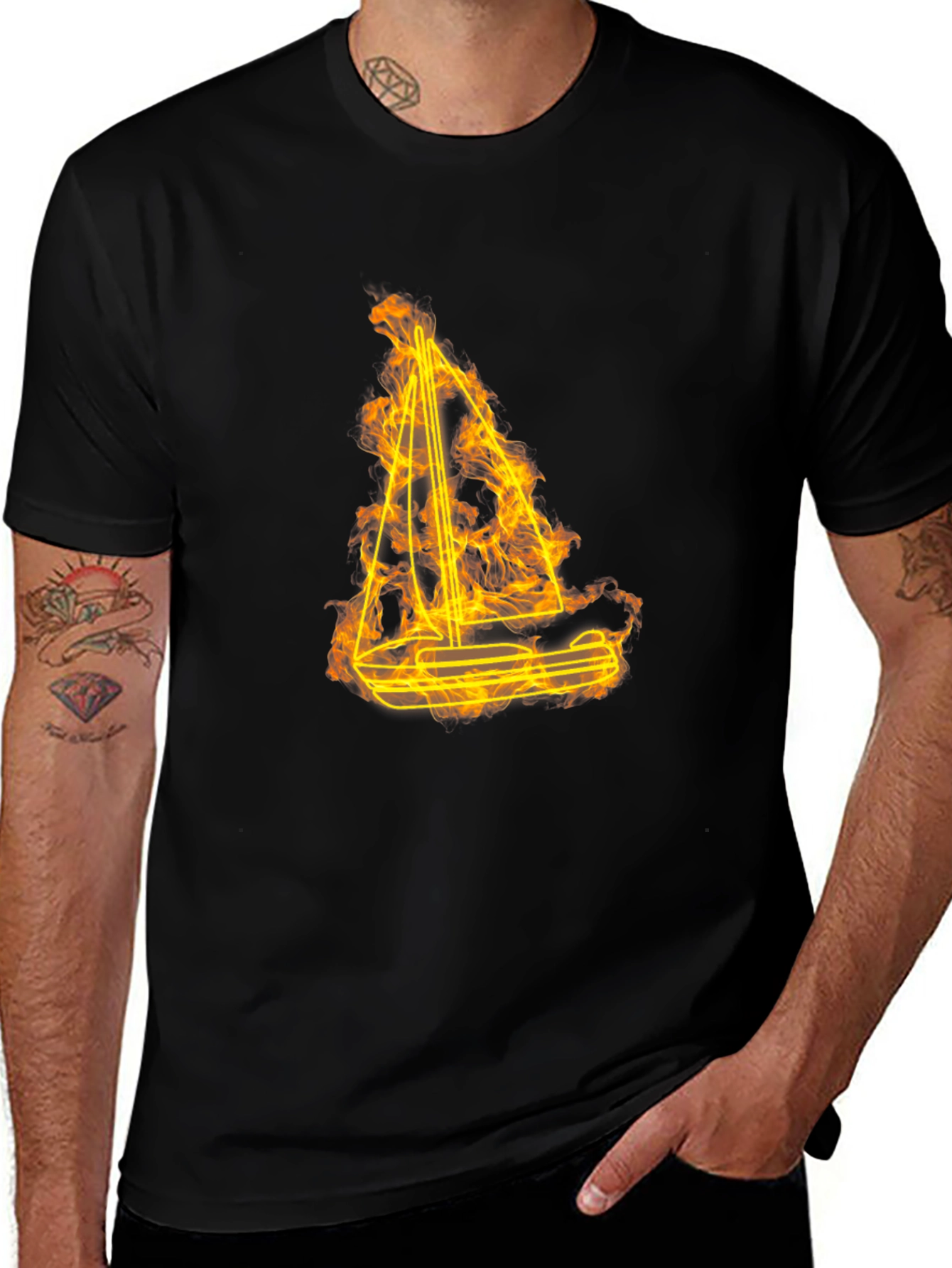 Variant 25 of Flaming Sailboat Graphic Tee - Black Cotton Comfort