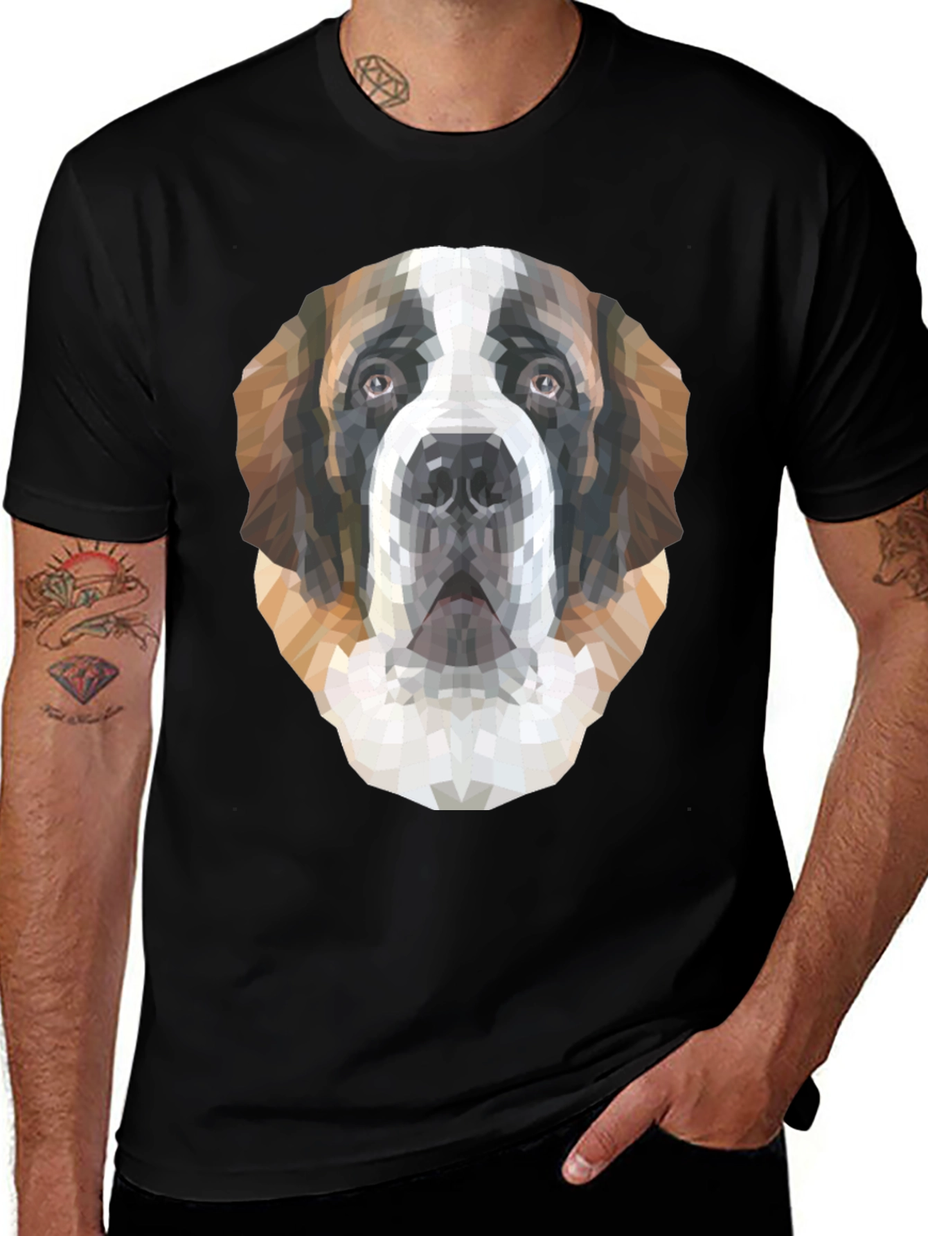 Geometric St. Bernard Dog Graphic T-Shirt - Black
