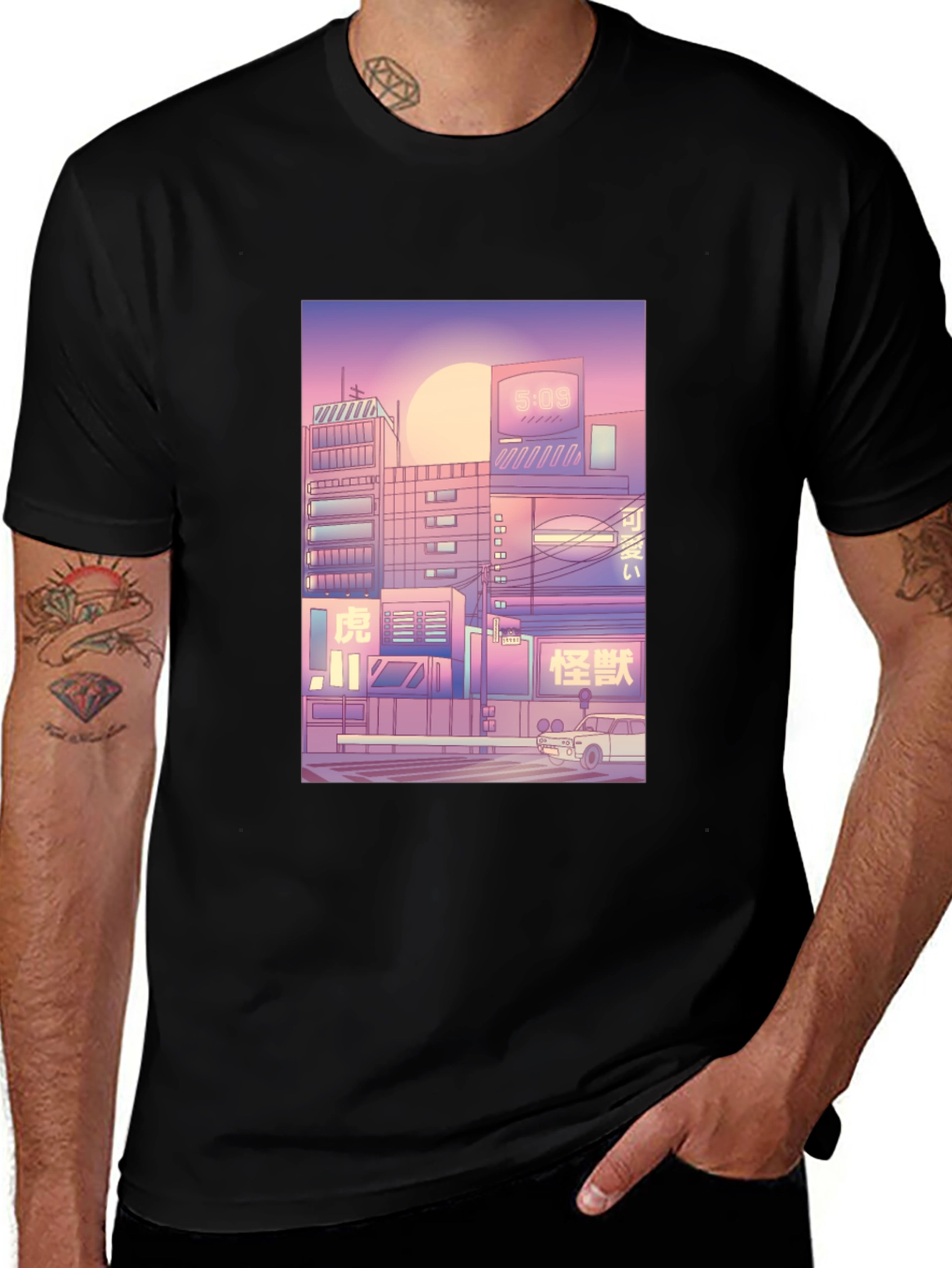 Trendy Black T-Shirt with Cityscape Print
