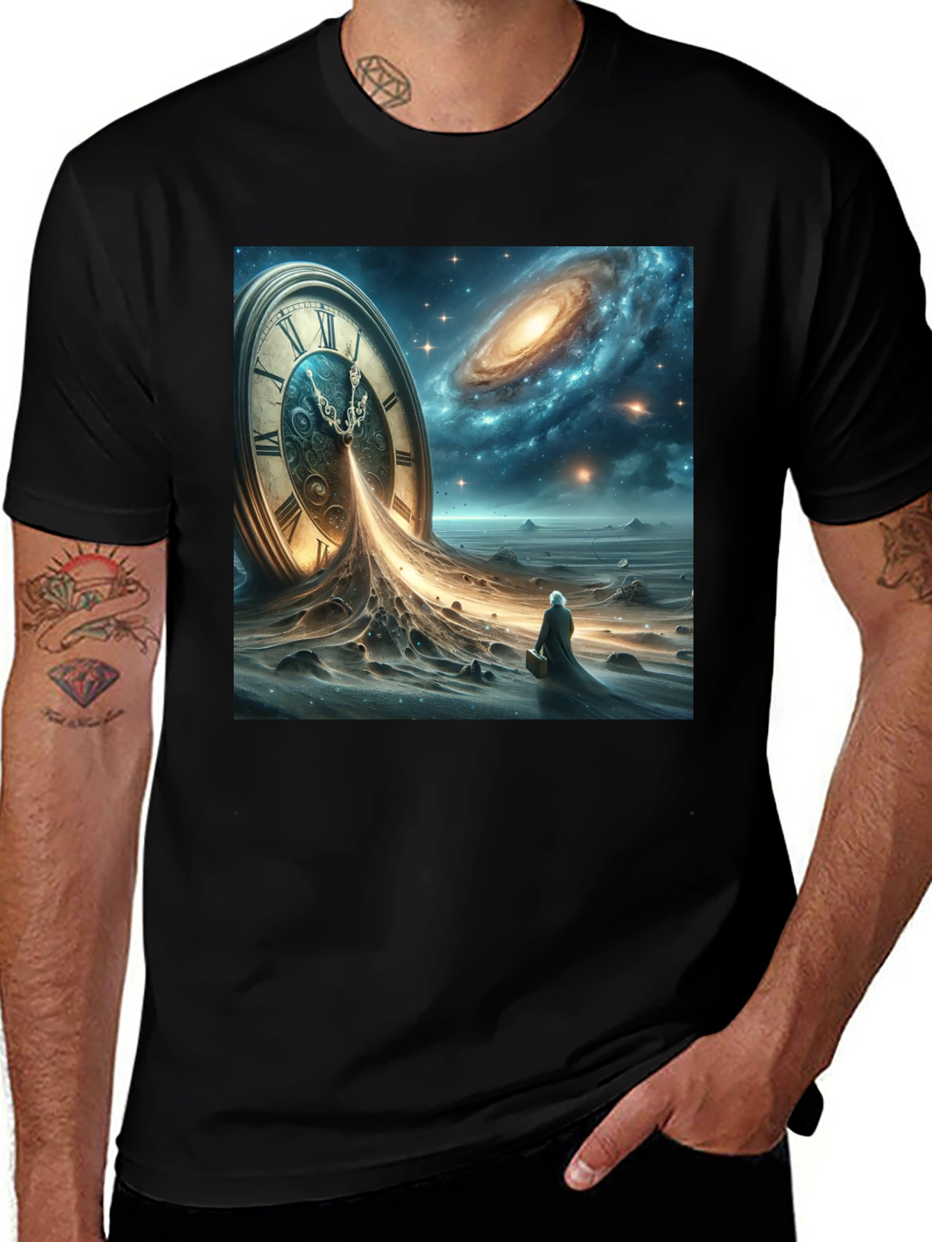 Variant 15 of Time and Space Tee: Surreal Galaxy Clock Design