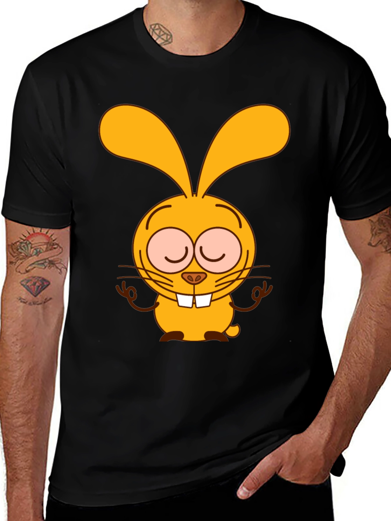 Funny Cartoon Rabbit Graphic Tee - Black Cotton