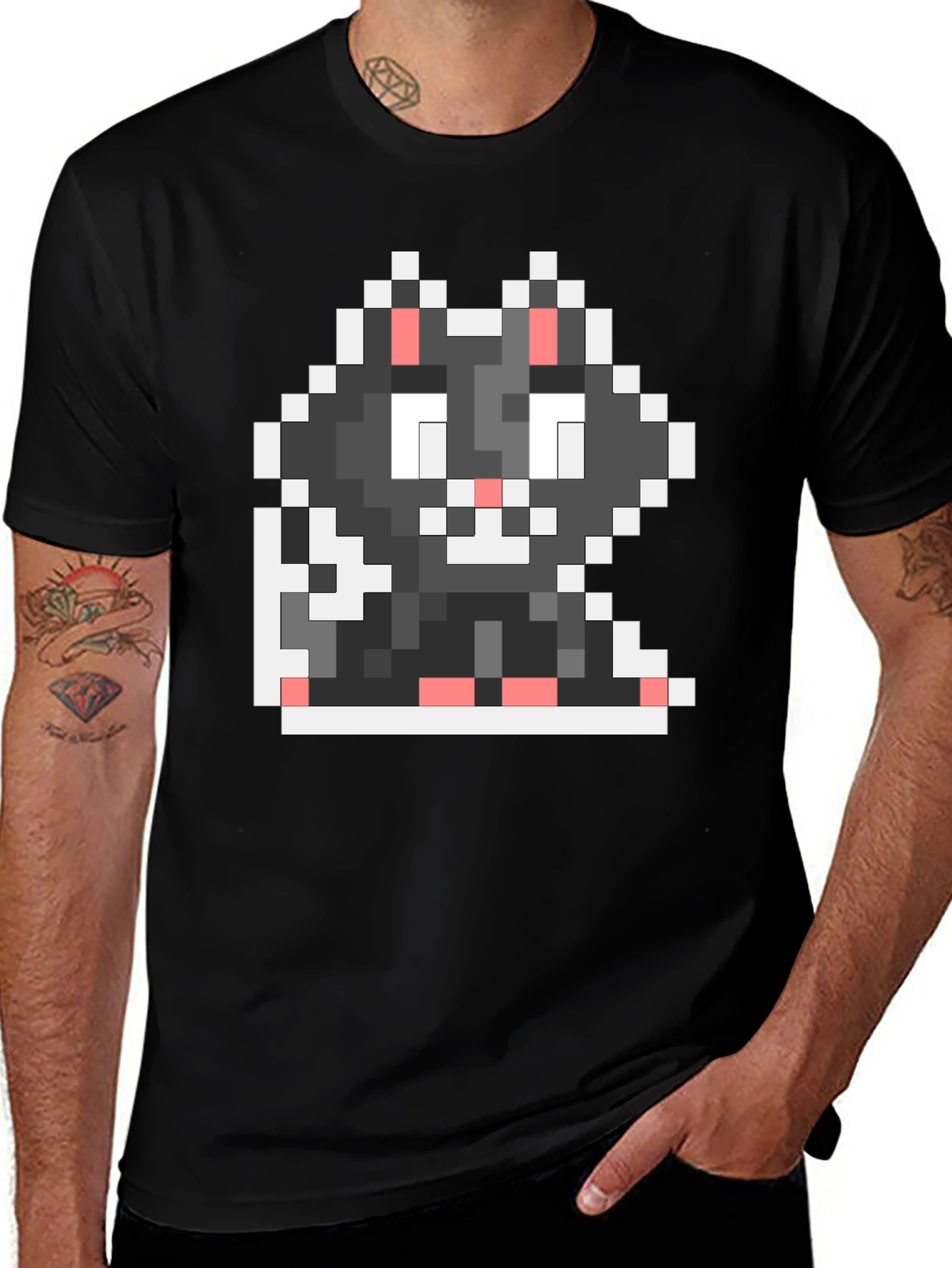 Black Pixel Cat Black T-Shirt main image
