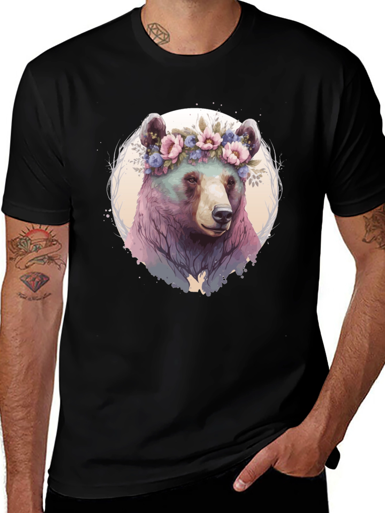 Variant 4 of Floral Bear Graphic Tee - Artistic Men's T-Shirt