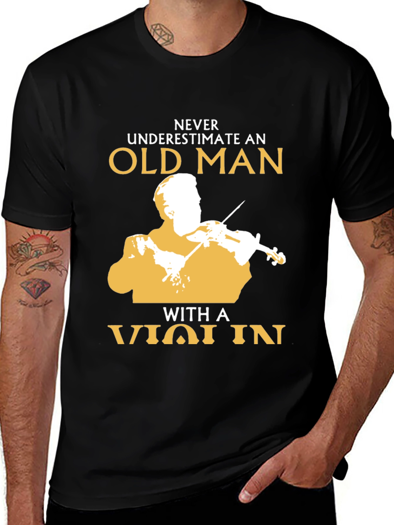 Black Never Underestimate Old Man with Violin Black T-Shirt main image