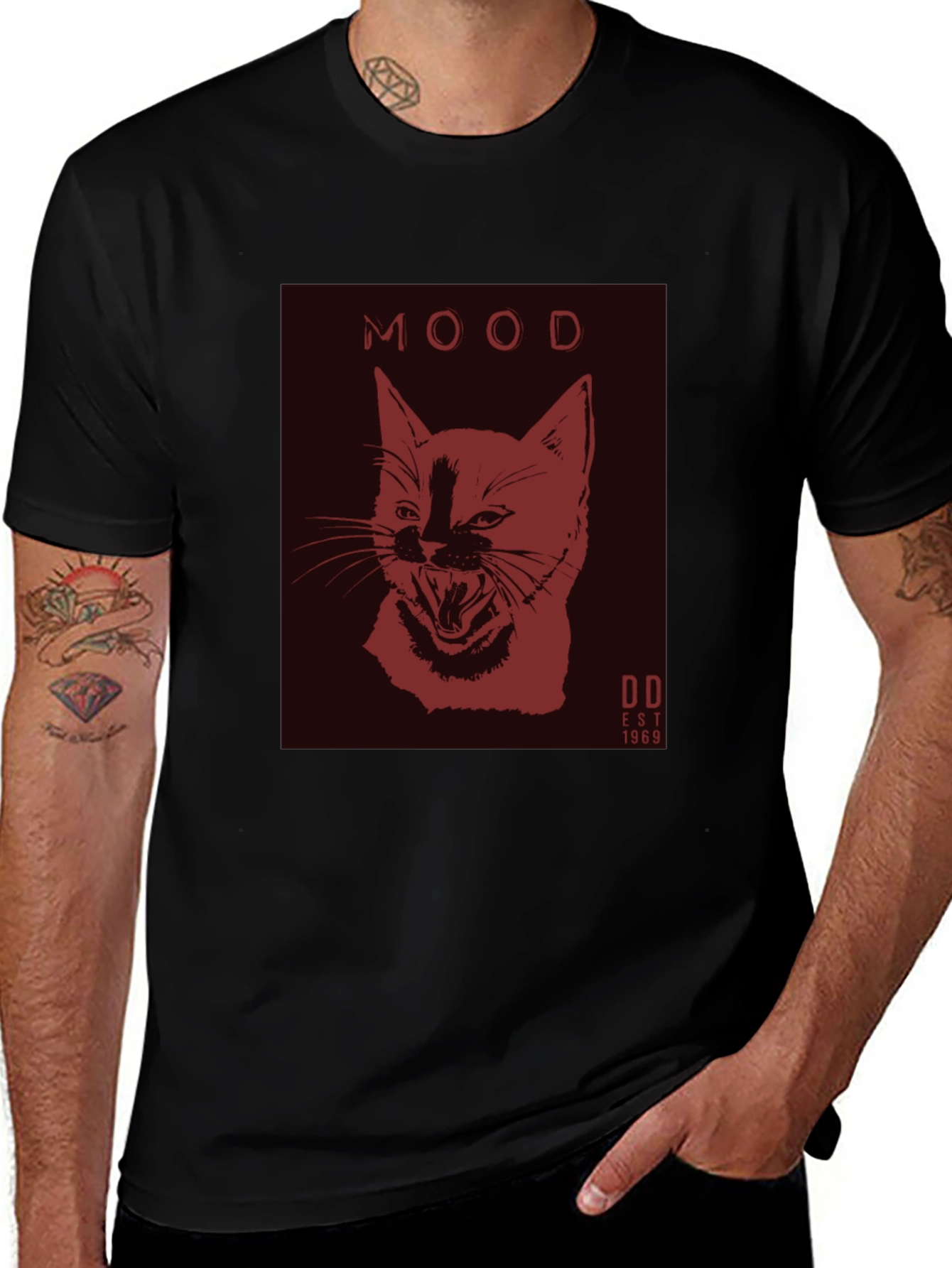 Black Moody Cat Graphic Tee - Black Cotton Comfort main image